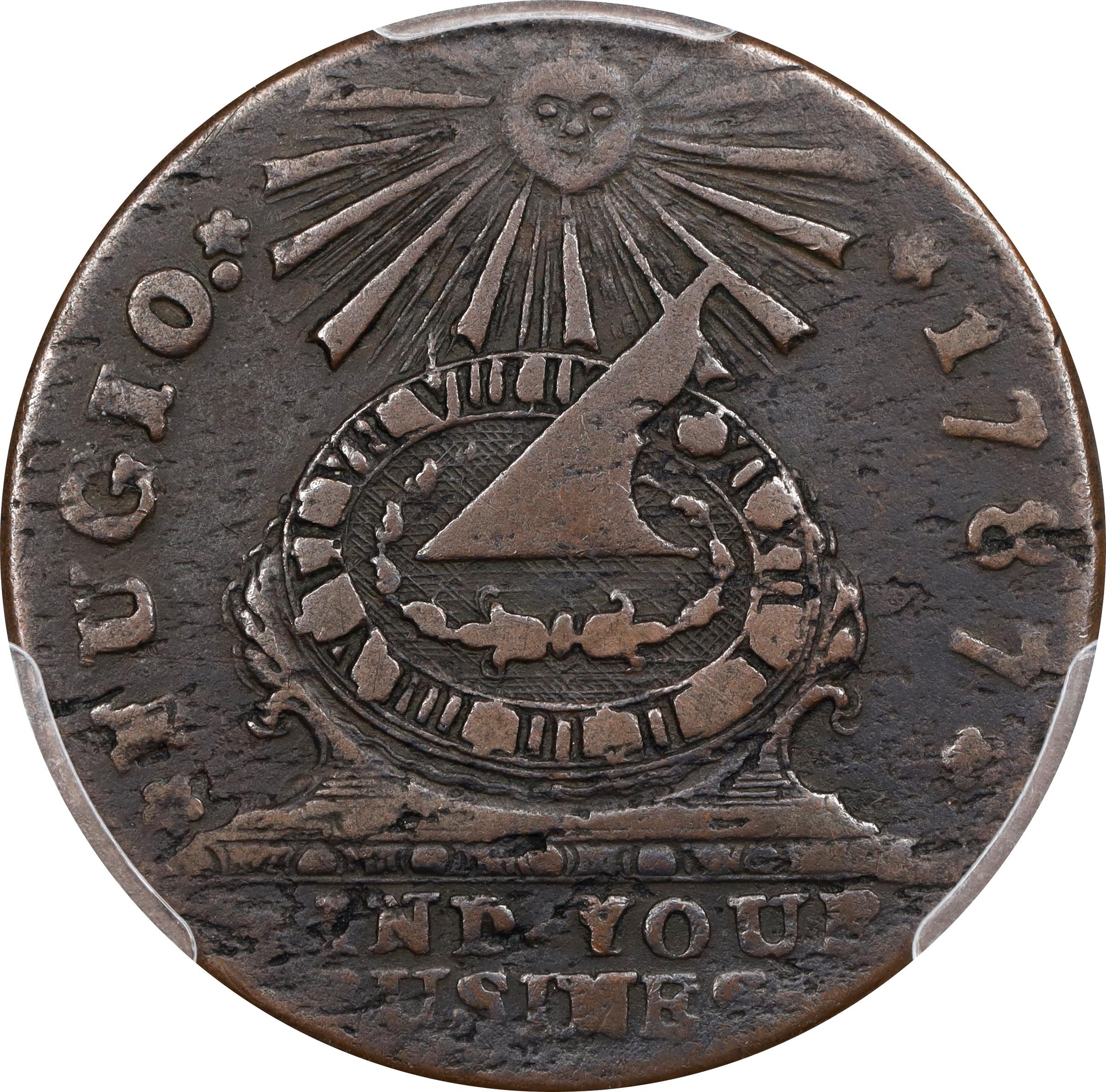 image for: 1787 Fugio Cent. Club Rays. Newman 5-F, W-6640. Rarity-7-. Concave Ends, UNITED STATES. VF-35 (PCGS).