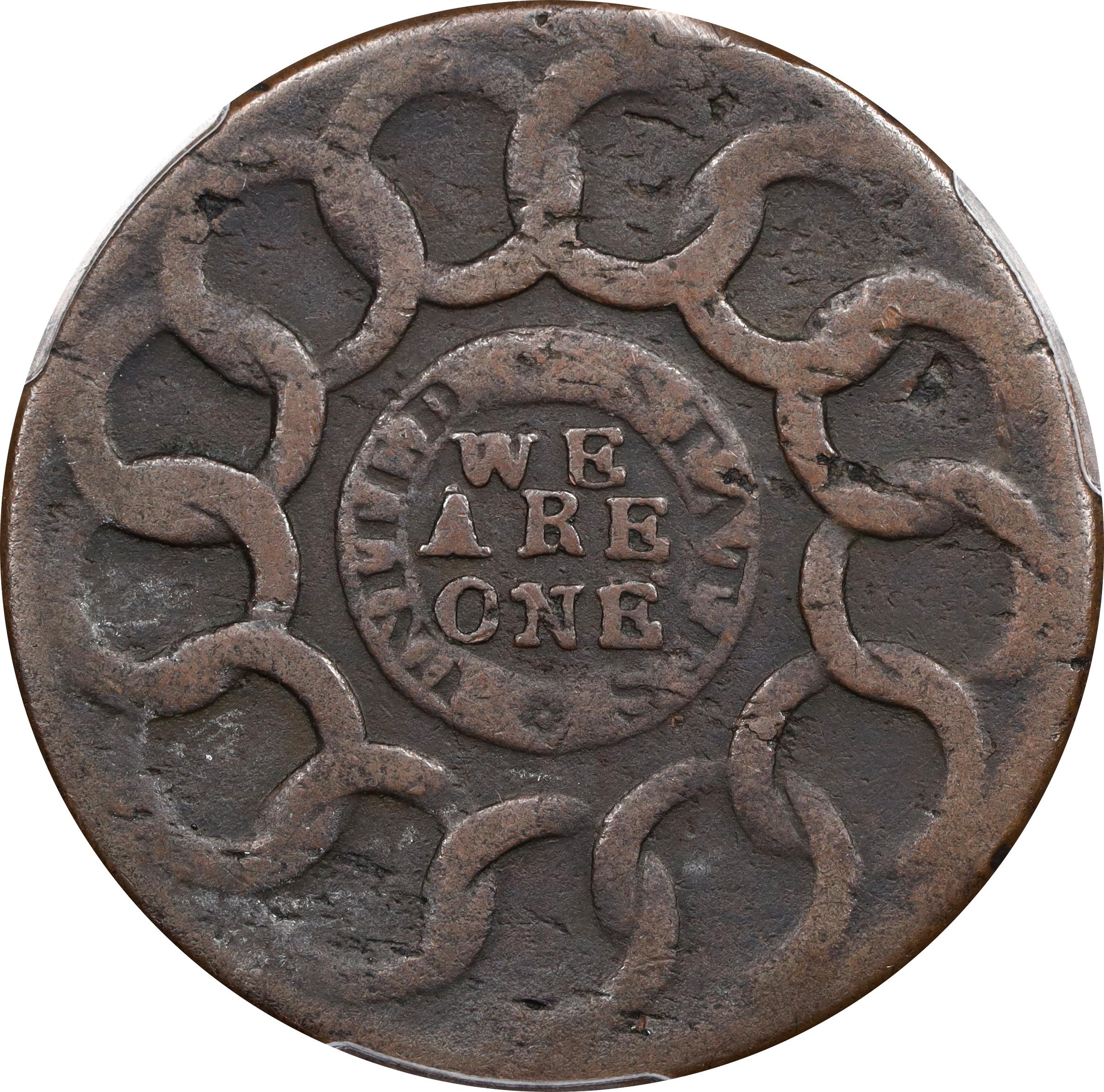 image for: 1787 Fugio Cent. Club Rays. Newman 5-F, W-6640. Rarity-7-. Concave Ends, UNITED STATES. VF-35 (PCGS).