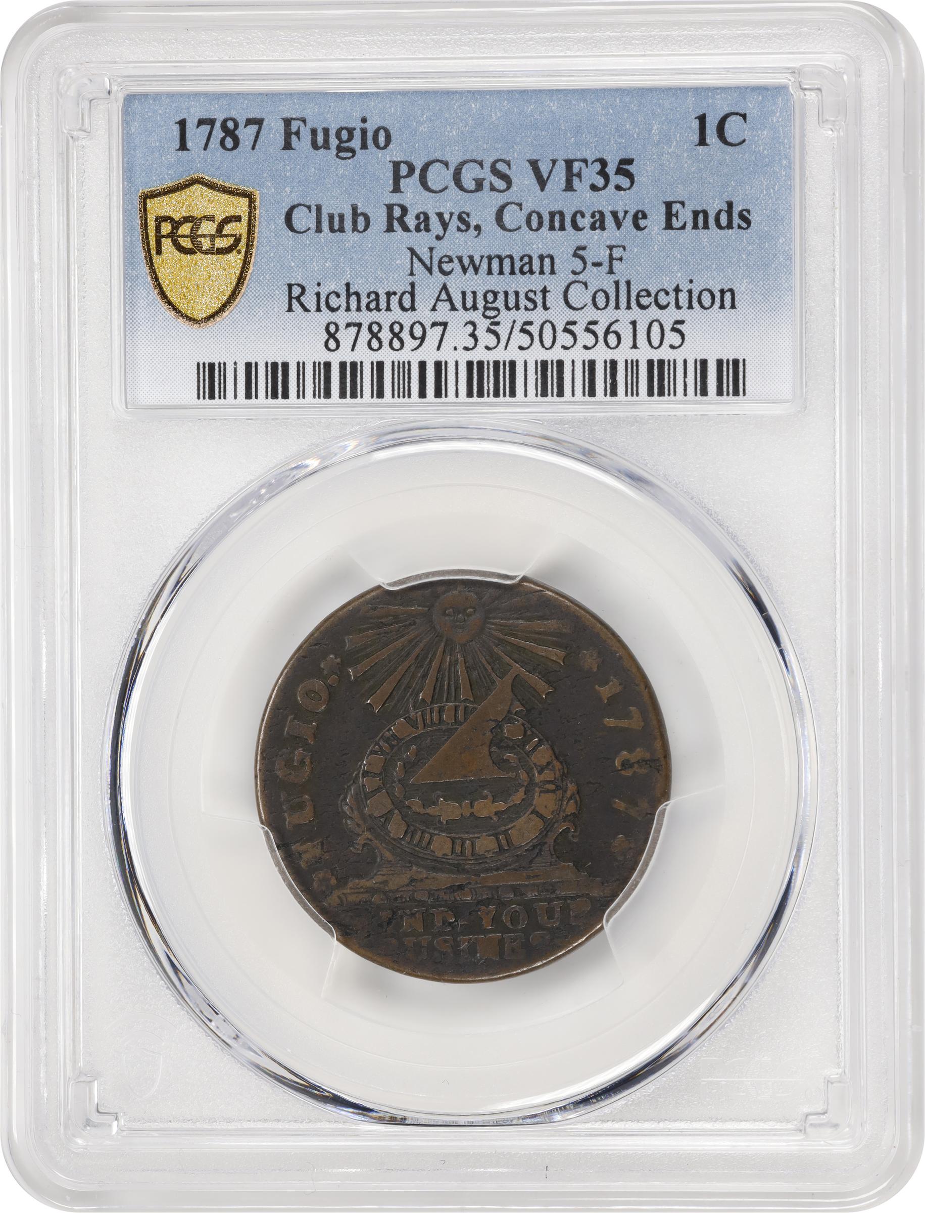 image for: 1787 Fugio Cent. Club Rays. Newman 5-F, W-6640. Rarity-7-. Concave Ends, UNITED STATES. VF-35 (PCGS).