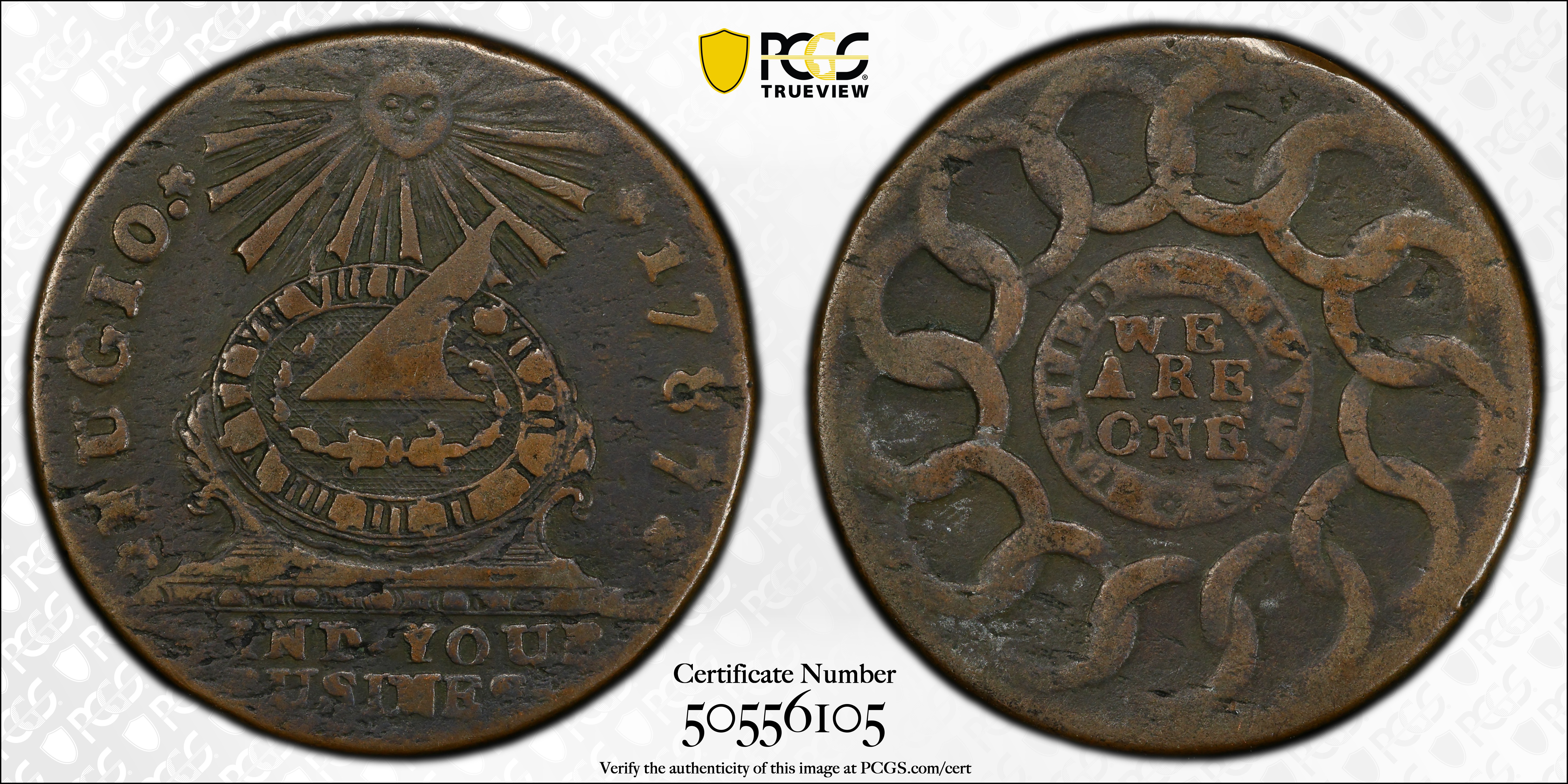 image for: 1787 Fugio Cent. Club Rays. Newman 5-F, W-6640. Rarity-7-. Concave Ends, UNITED STATES. VF-35 (PCGS).