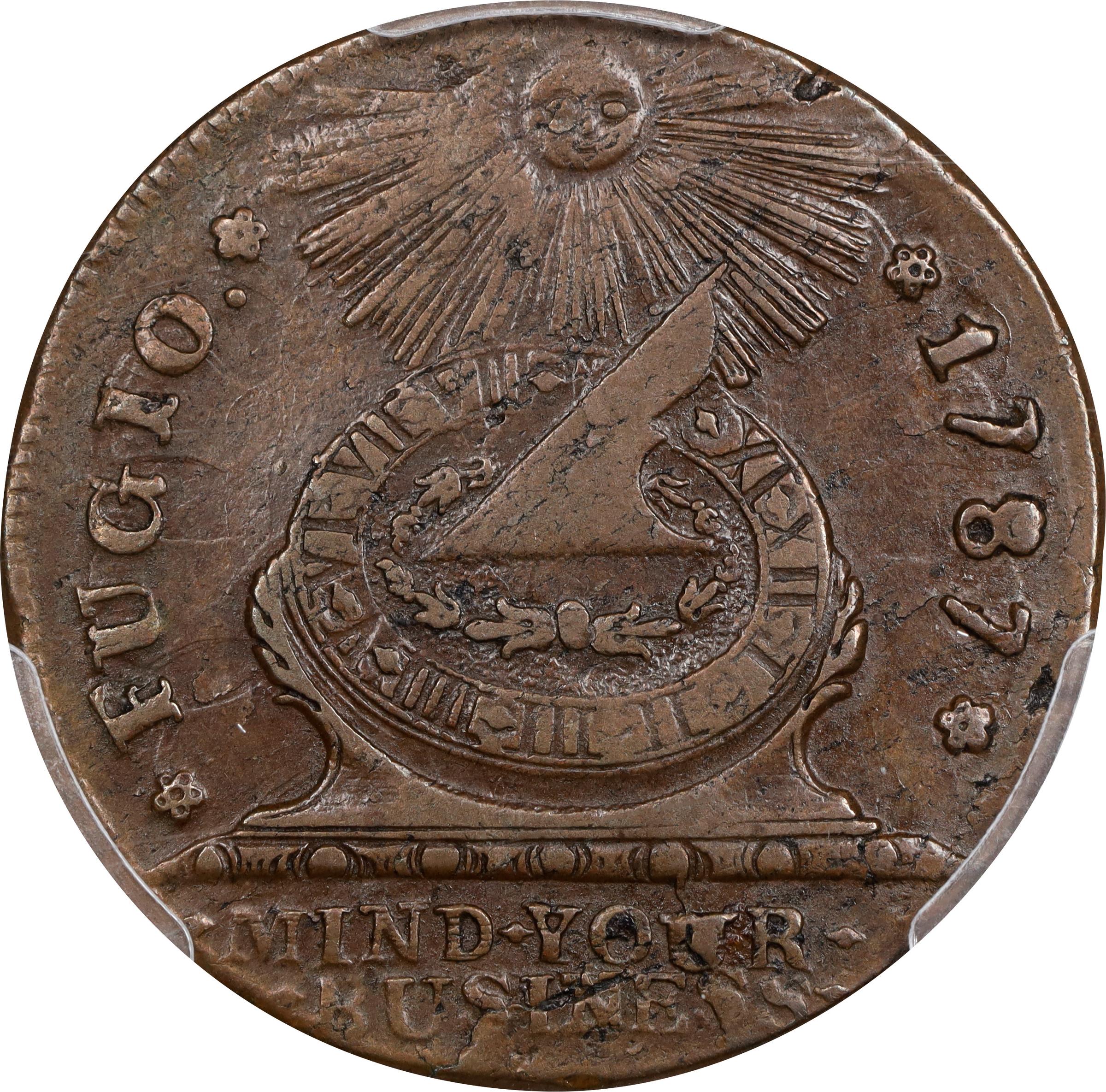 image for: 1787 Fugio Cent. Pointed Rays. Newman 6-W, W-6730. Rarity-3. STATES UNITED, 4 Cinquefoils. EF-45 (PCGS).