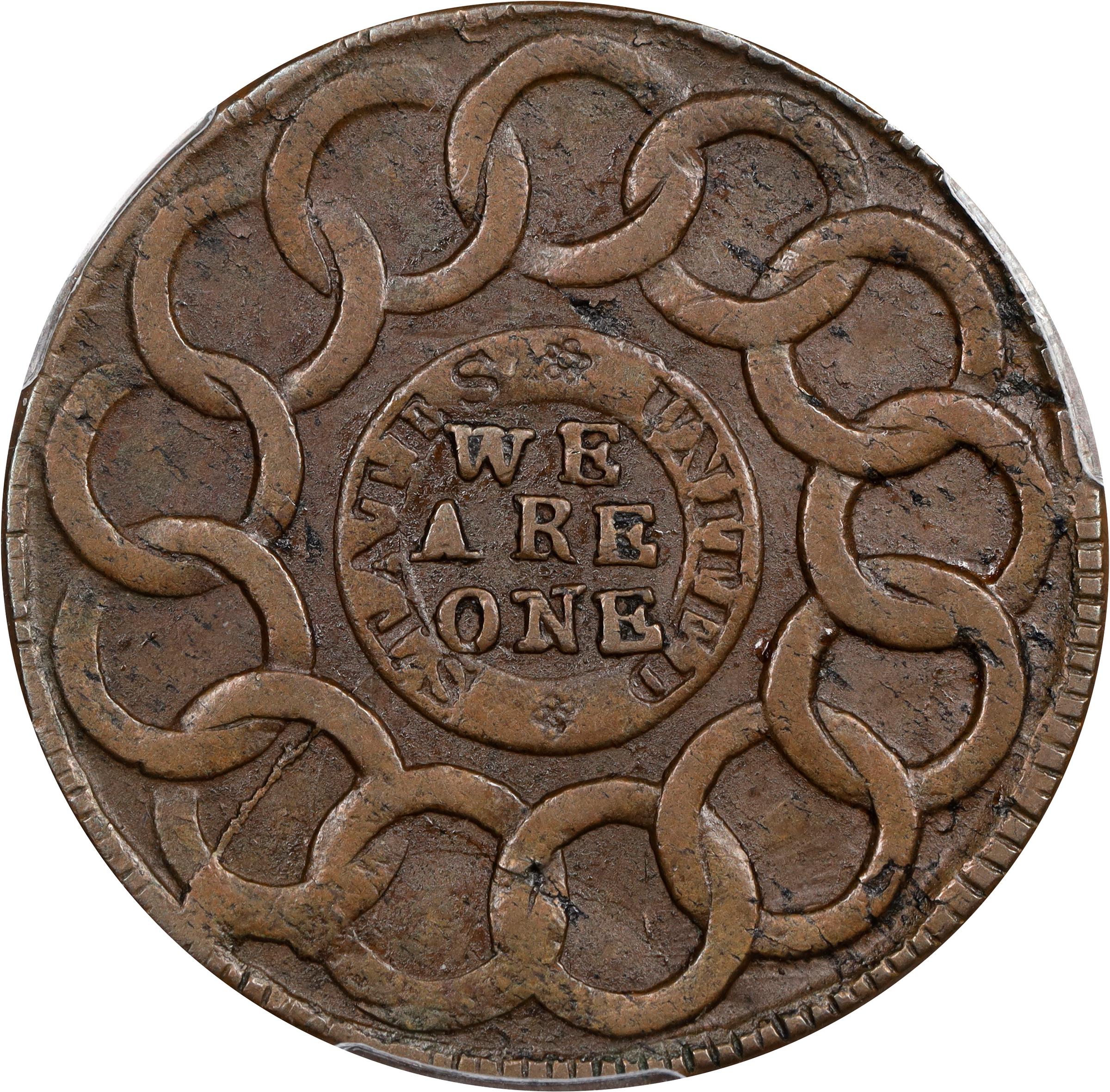 image for: 1787 Fugio Cent. Pointed Rays. Newman 6-W, W-6730. Rarity-3. STATES UNITED, 4 Cinquefoils. EF-45 (PCGS).