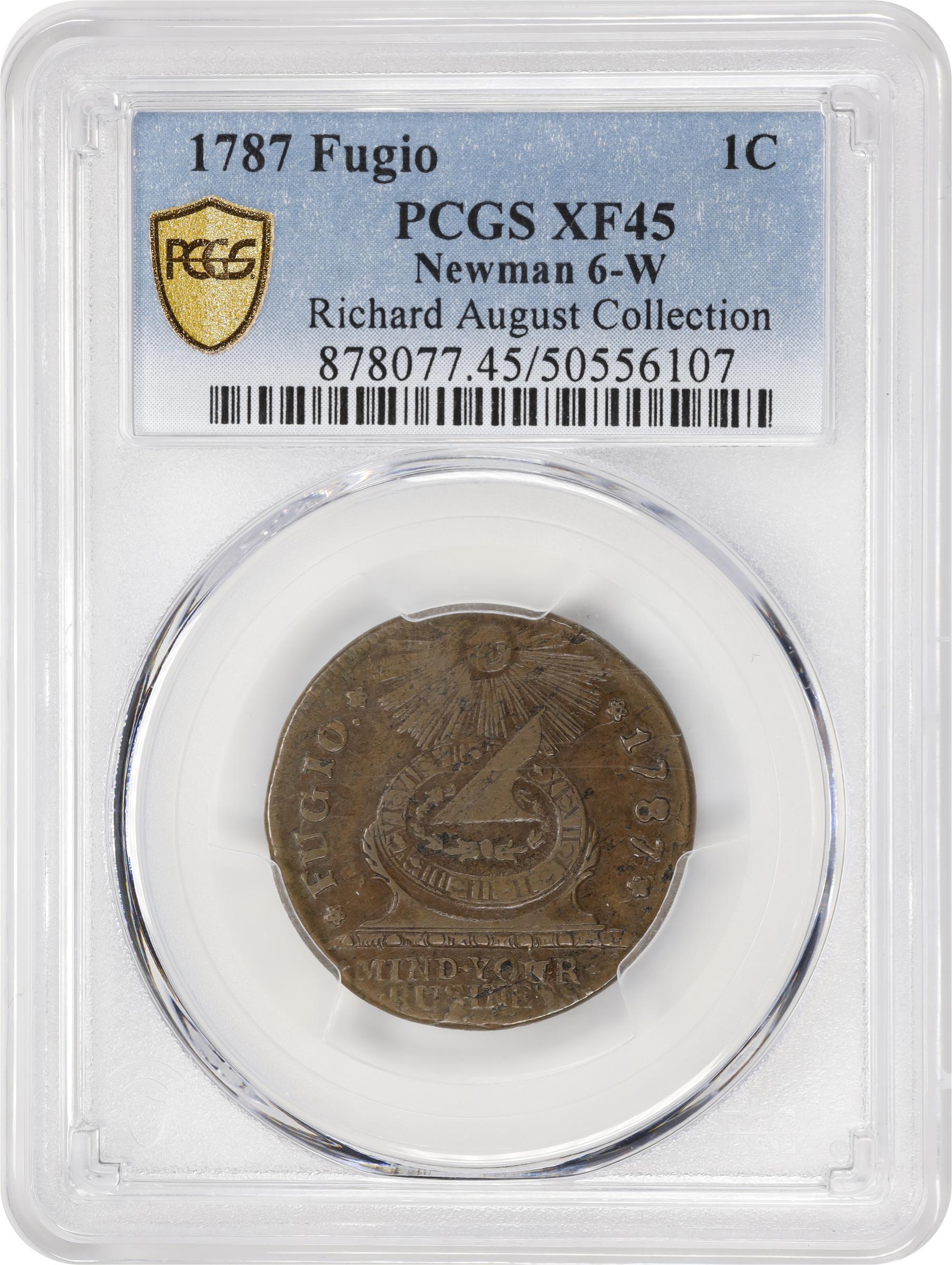 image for: 1787 Fugio Cent. Pointed Rays. Newman 6-W, W-6730. Rarity-3. STATES UNITED, 4 Cinquefoils. EF-45 (PCGS).