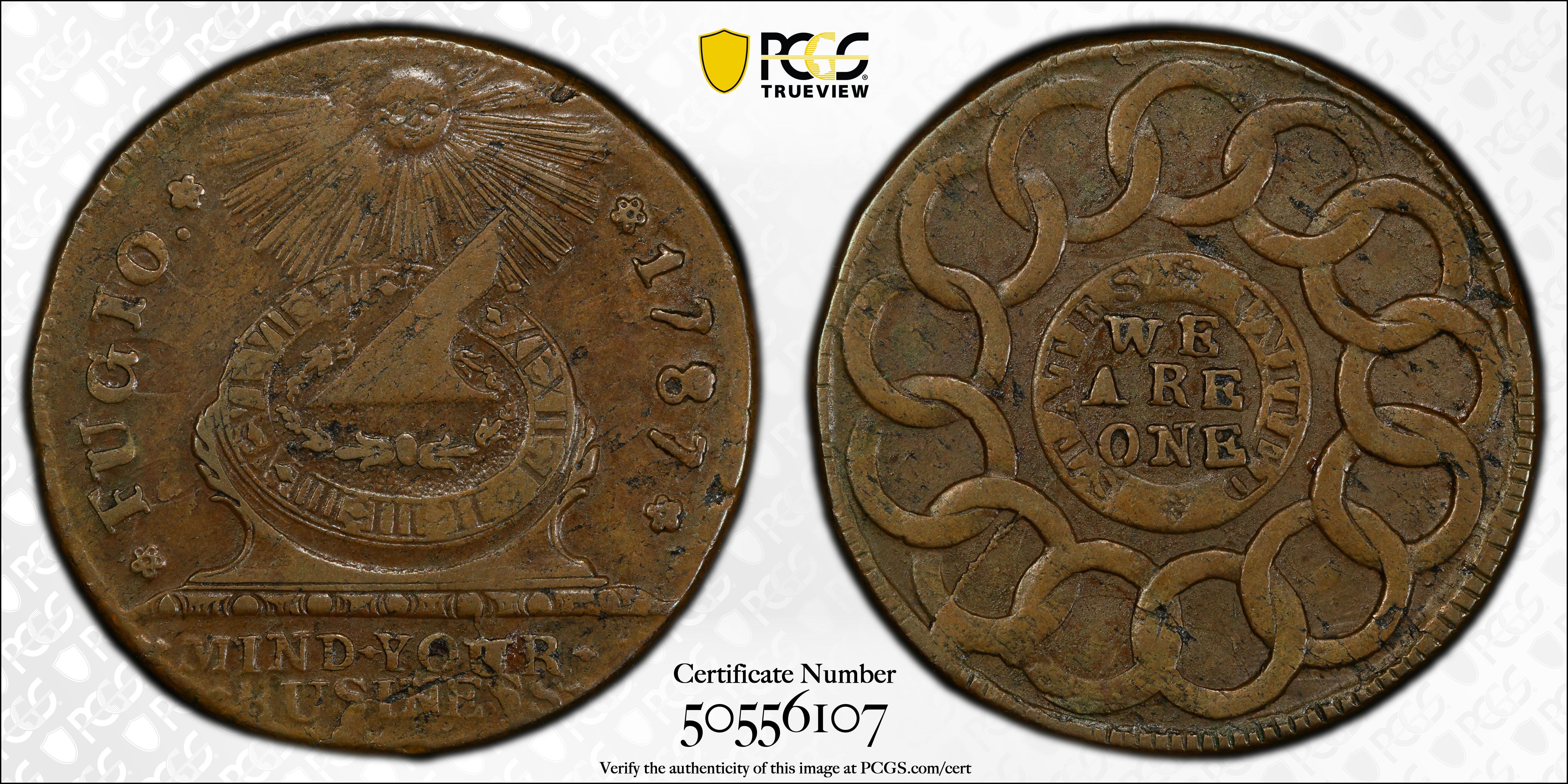 image for: 1787 Fugio Cent. Pointed Rays. Newman 6-W, W-6730. Rarity-3. STATES UNITED, 4 Cinquefoils. EF-45 (PCGS).