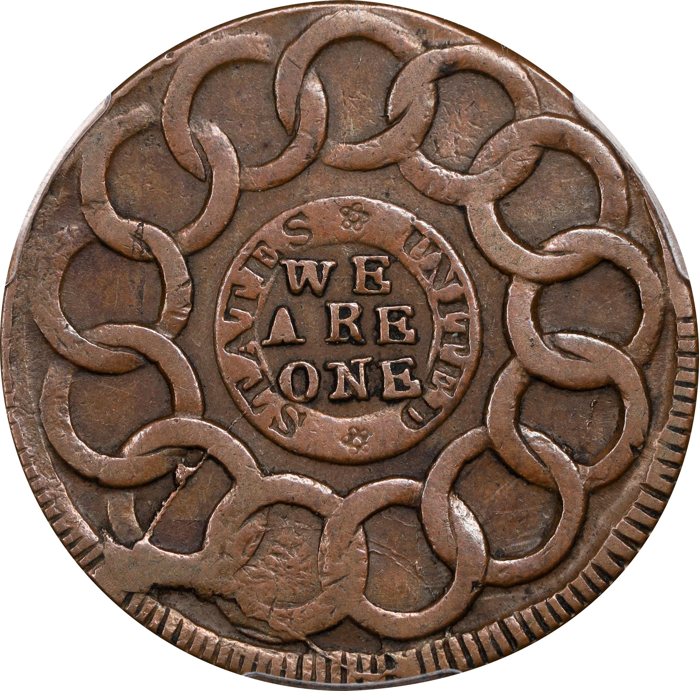 image for: 1787 Fugio Cent. Pointed Rays. Newman 6-W, W-6730. Rarity-3. STATES UNITED, 4 Cinquefoils. EF-40 (PCGS).