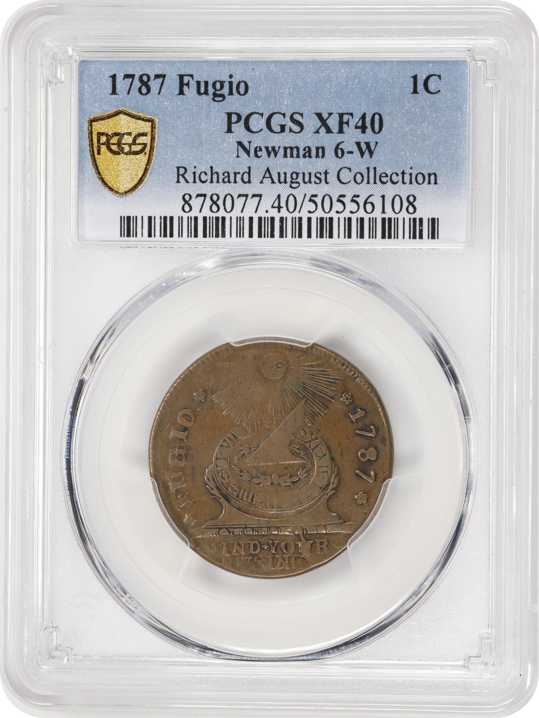 image for: 1787 Fugio Cent. Pointed Rays. Newman 6-W, W-6730. Rarity-3. STATES UNITED, 4 Cinquefoils. EF-40 (PCGS).