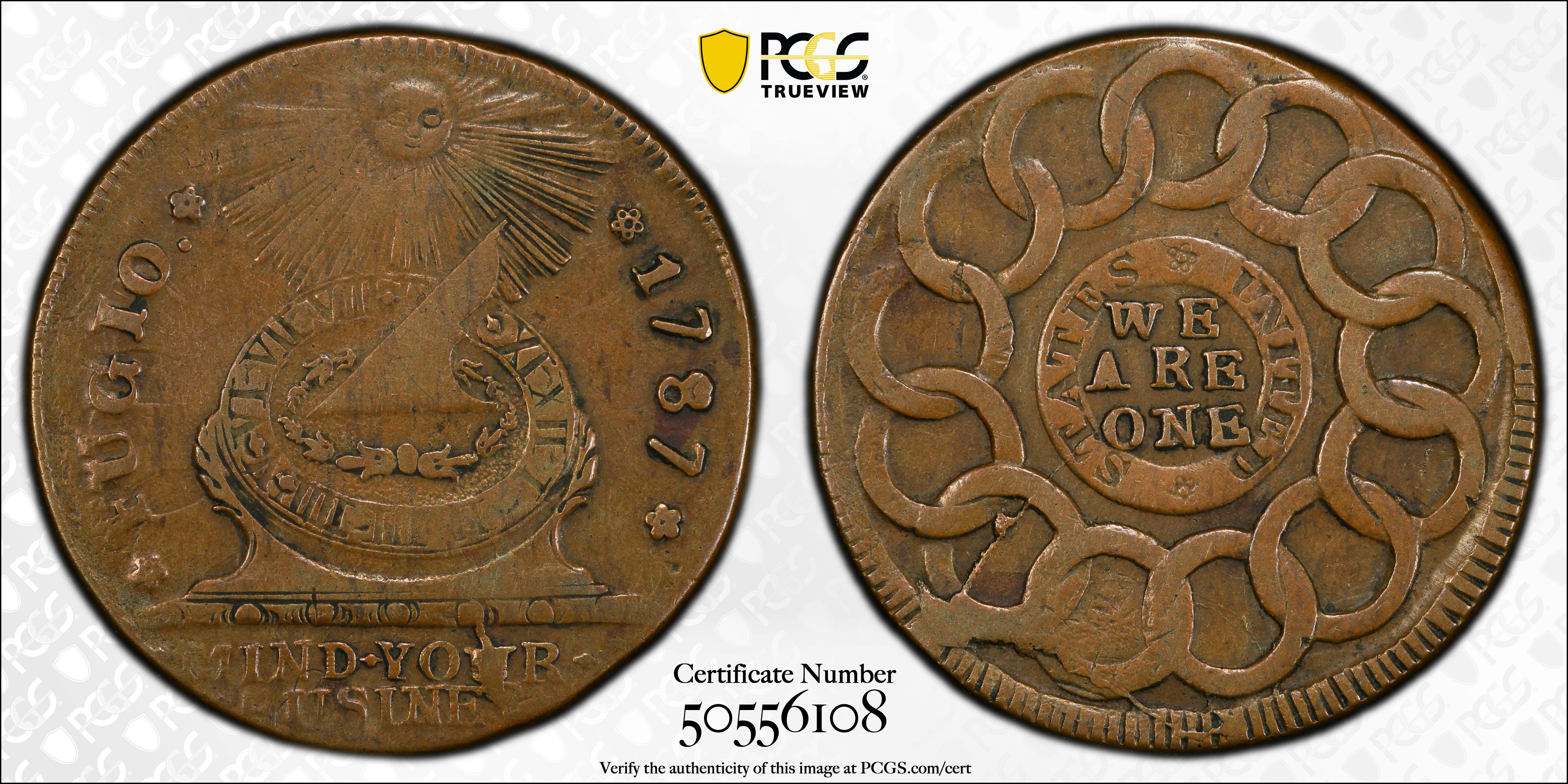 image for: 1787 Fugio Cent. Pointed Rays. Newman 6-W, W-6730. Rarity-3. STATES UNITED, 4 Cinquefoils. EF-40 (PCGS).