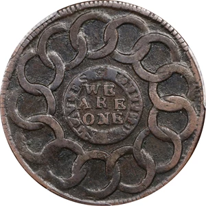 image for: 1787 Fugio Cent. Pointed Rays. Newman 7-T, W-6735. Rarity-4. STATES UNITED, 4 Cinquefoils. VF-25 (PCGS).
