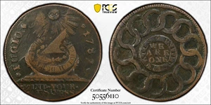 image for: 1787 Fugio Cent. Pointed Rays. Newman 7-T, W-6735. Rarity-4. STATES UNITED, 4 Cinquefoils. VF-25 (PCGS).