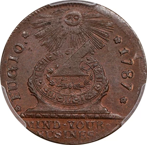 image for: 1787 Fugio Cent. Pointed Rays. Newman 8-B, W-6740. Rarity-2. UNITED STATES, 4 Cinquefoils. MS-64+ BN (PCGS).
