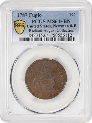 image for: 1787 Fugio Cent. Pointed Rays. Newman 8-B, W-6740. Rarity-2. UNITED STATES, 4 Cinquefoils. MS-64+ BN (PCGS).