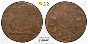 image for: 1787 Fugio Cent. Pointed Rays. Newman 8-B, W-6740. Rarity-2. UNITED STATES, 4 Cinquefoils. MS-64+ BN (PCGS).
