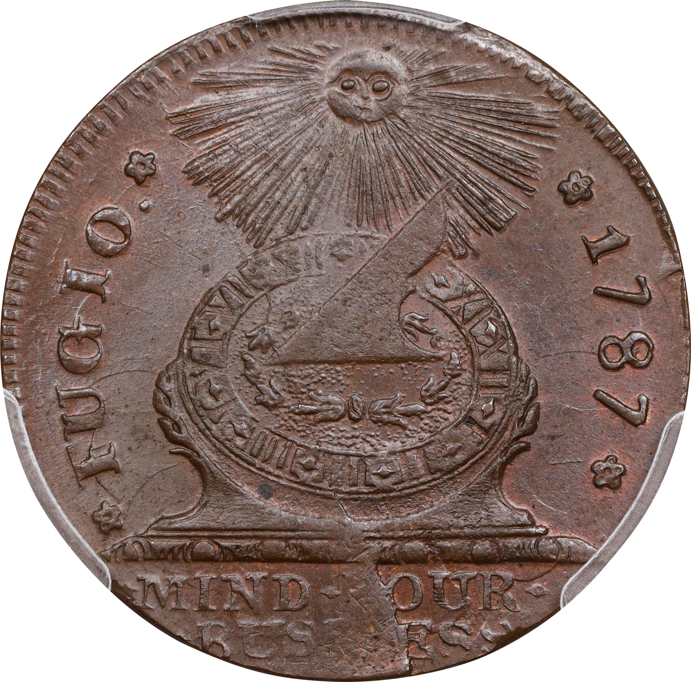 image for: 1787 Fugio Cent. Pointed Rays. Newman 8-X, W-6750. Rarity-3. STATES UNITED, 4 Cinquefoils. MS-65 BN (PCGS).
