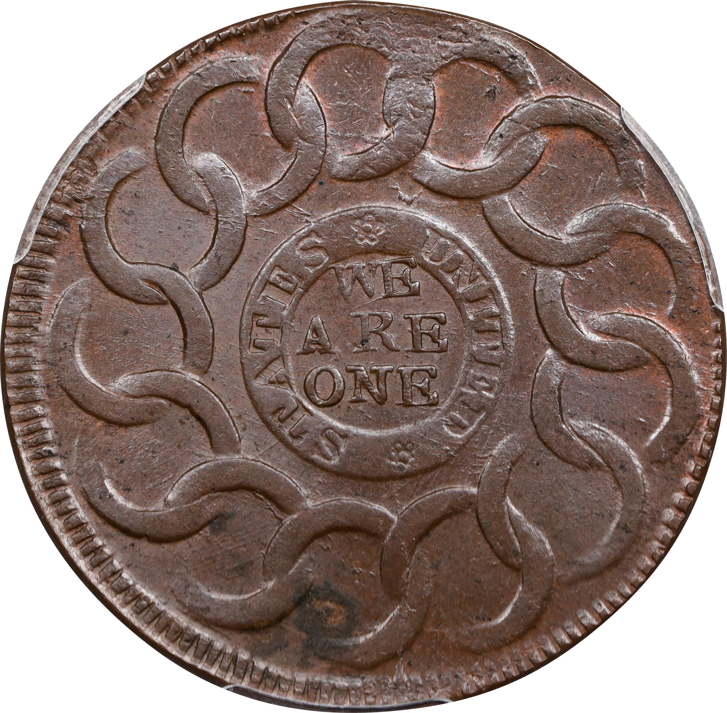 image for: 1787 Fugio Cent. Pointed Rays. Newman 8-X, W-6750. Rarity-3. STATES UNITED, 4 Cinquefoils. MS-65 BN (PCGS).