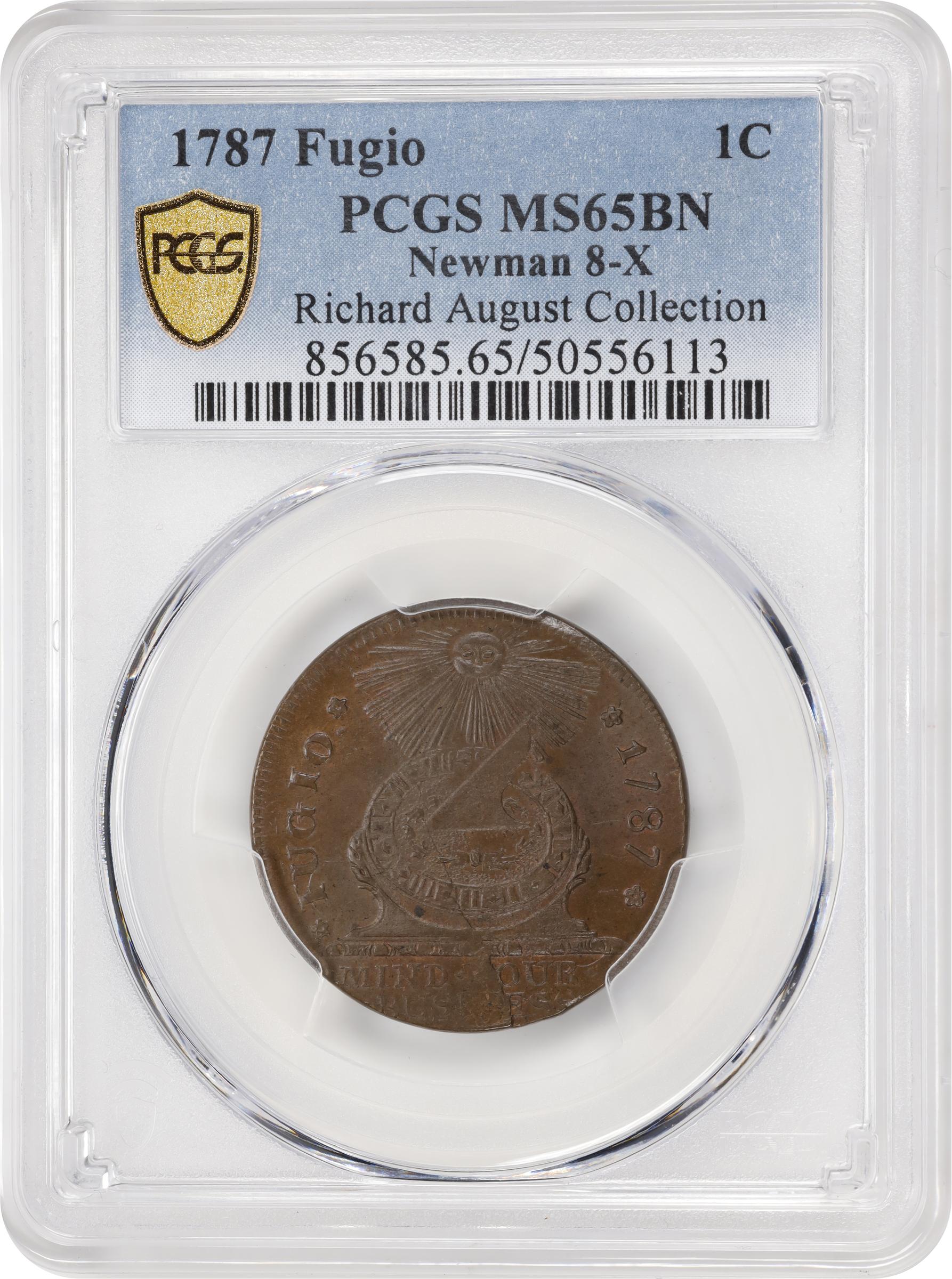 image for: 1787 Fugio Cent. Pointed Rays. Newman 8-X, W-6750. Rarity-3. STATES UNITED, 4 Cinquefoils. MS-65 BN (PCGS).