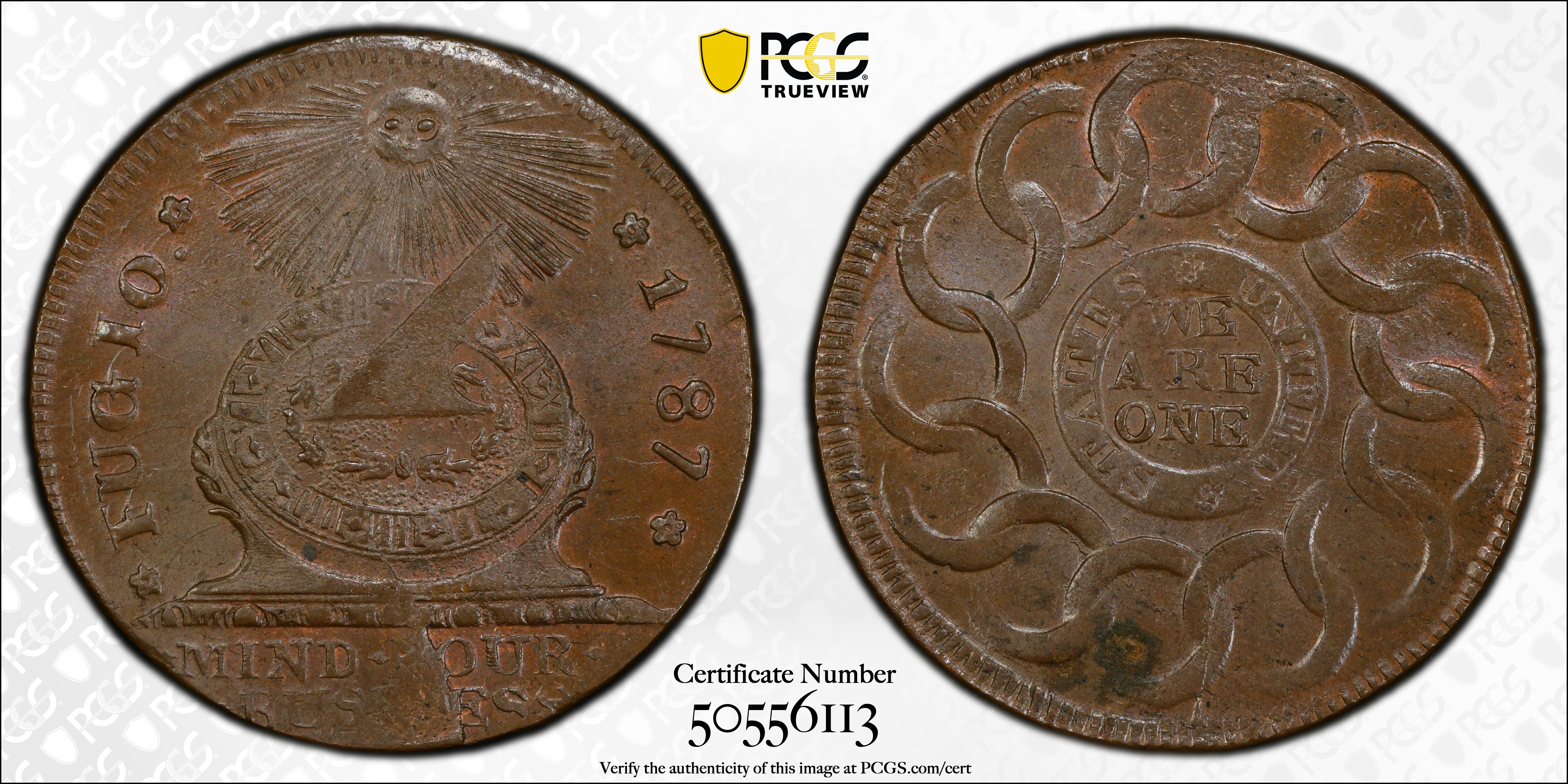 image for: 1787 Fugio Cent. Pointed Rays. Newman 8-X, W-6750. Rarity-3. STATES UNITED, 4 Cinquefoils. MS-65 BN (PCGS).