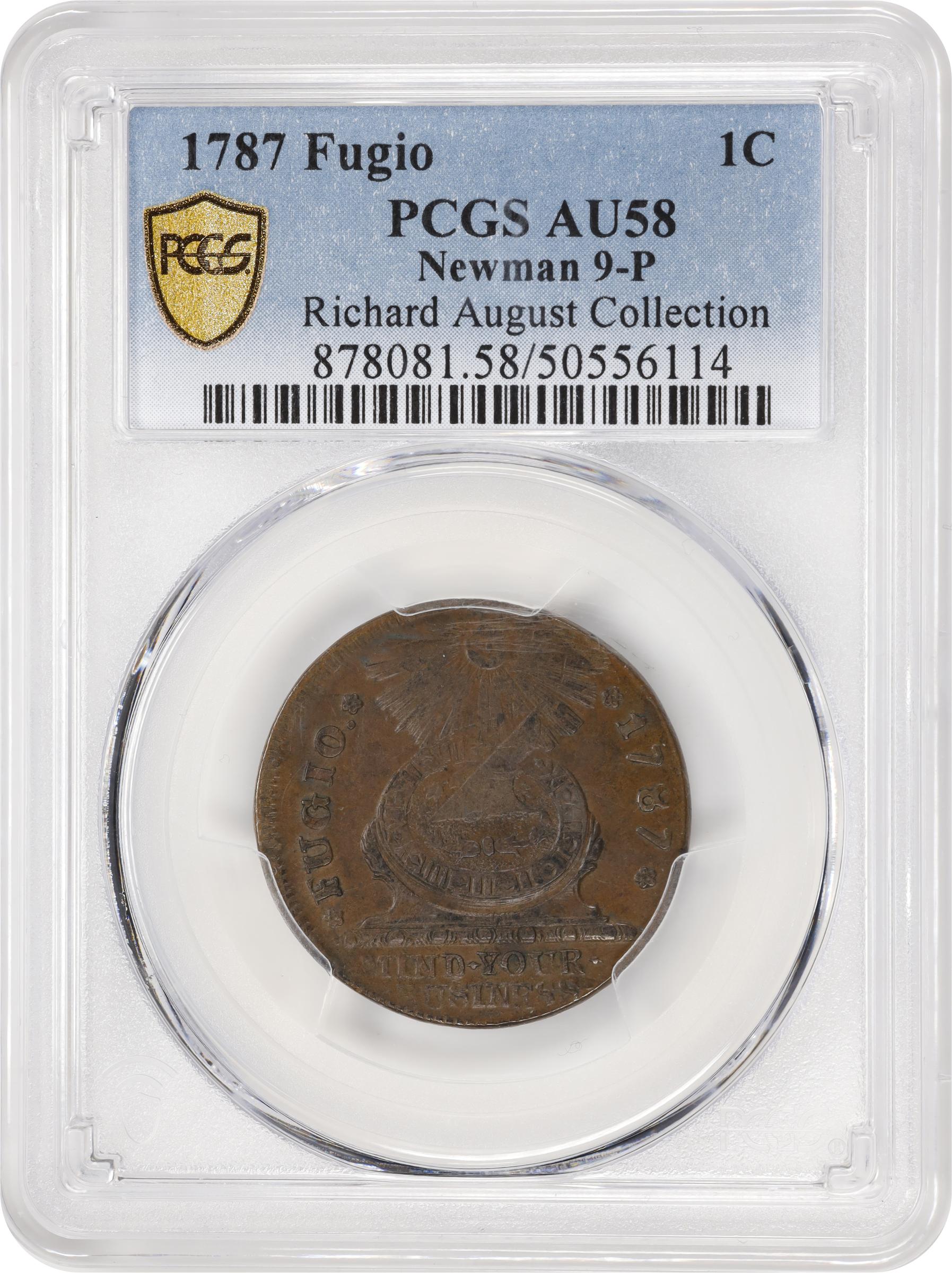 image for: 1787 Fugio Cent. Pointed Rays. Newman 9-P, W-6755. Rarity-3. STATES UNITED, 4 Cinquefoils. AU-58 (PCGS).