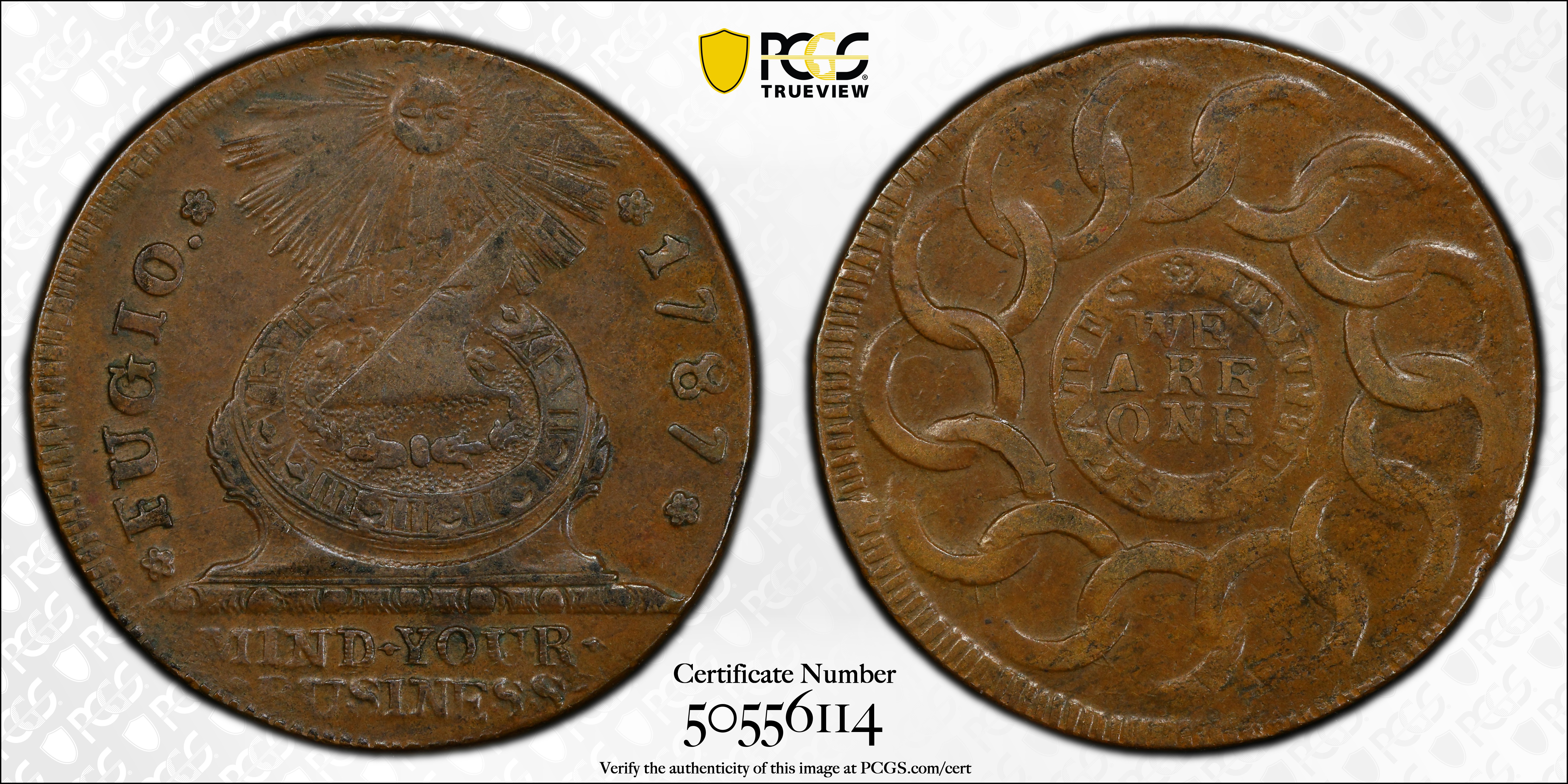 image for: 1787 Fugio Cent. Pointed Rays. Newman 9-P, W-6755. Rarity-3. STATES UNITED, 4 Cinquefoils. AU-58 (PCGS).