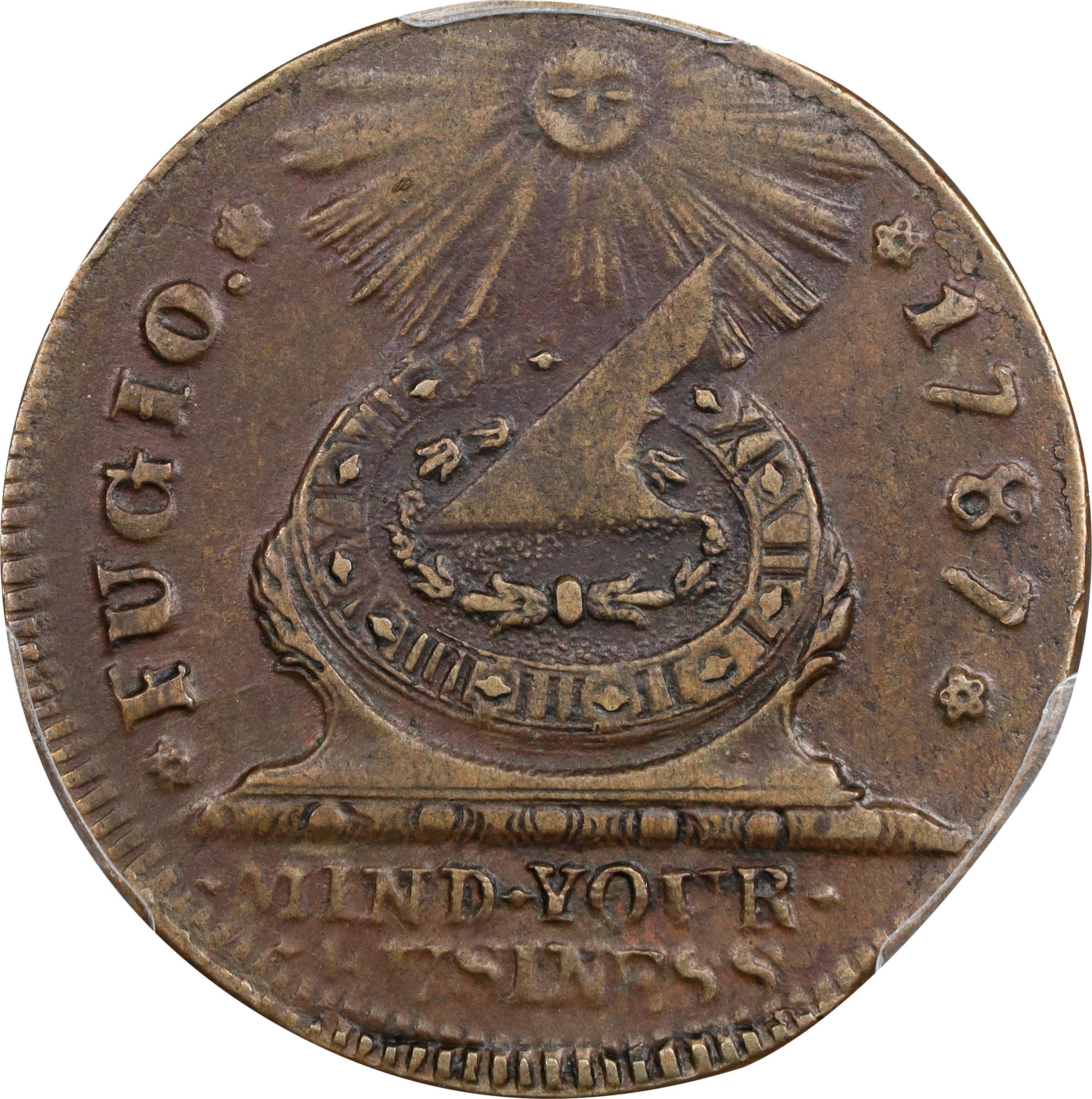 image for: 1787 Fugio Cent. Pointed Rays. Newman 9-P, W-6755. Rarity-3. STATES UNITED, 4 Cinquefoils. EF-45 (PCGS).