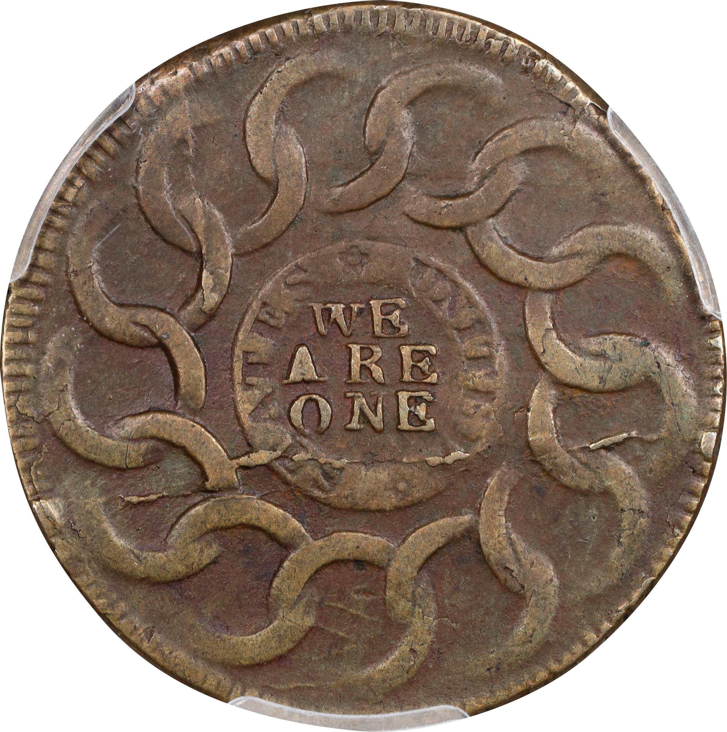 image for: 1787 Fugio Cent. Pointed Rays. Newman 9-P, W-6755. Rarity-3. STATES UNITED, 4 Cinquefoils. EF-45 (PCGS).