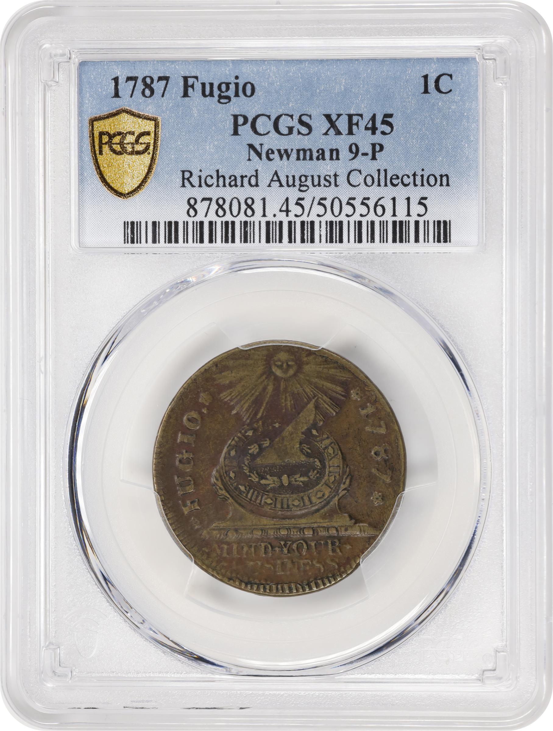 image for: 1787 Fugio Cent. Pointed Rays. Newman 9-P, W-6755. Rarity-3. STATES UNITED, 4 Cinquefoils. EF-45 (PCGS).