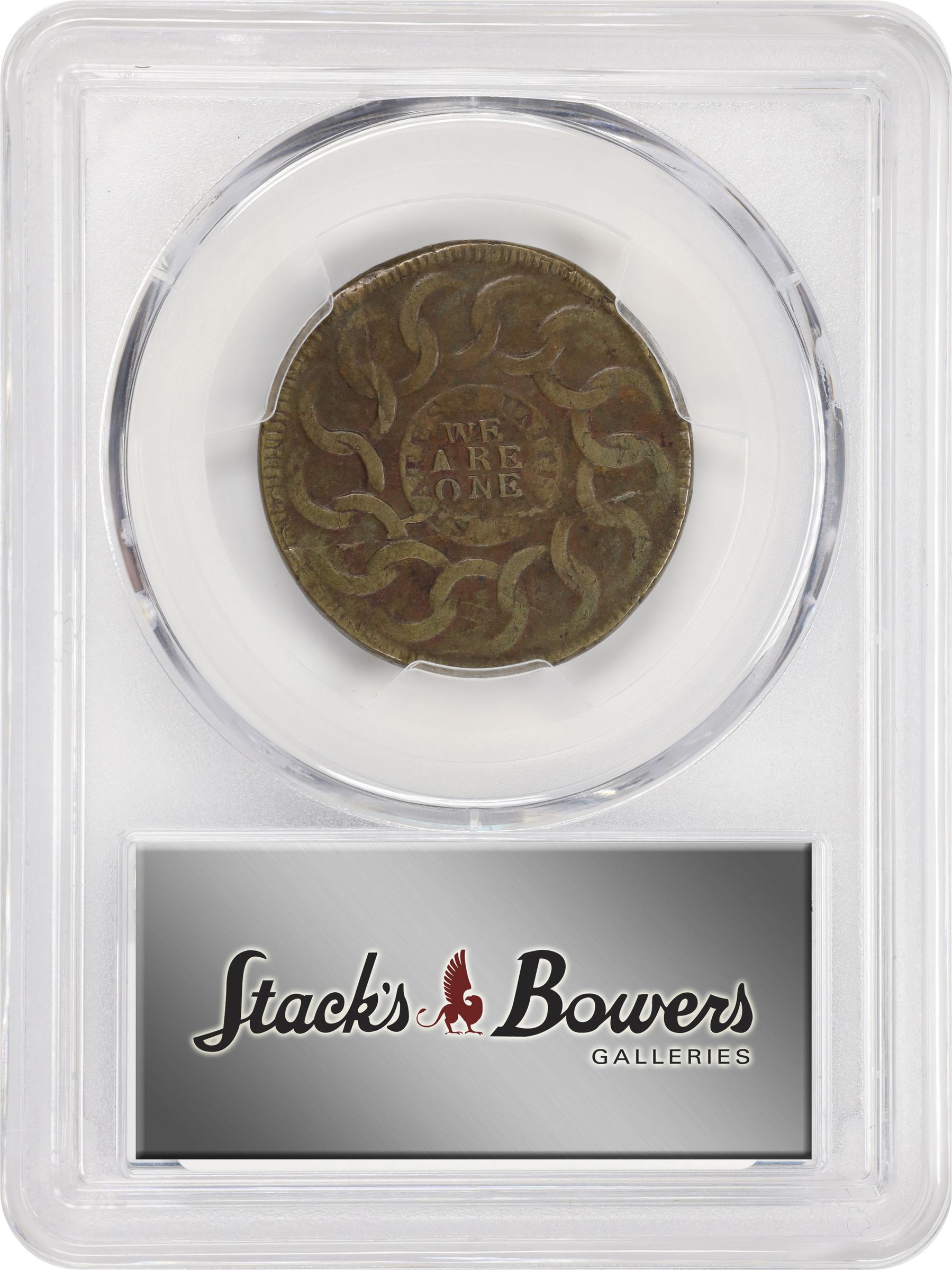 image for: 1787 Fugio Cent. Pointed Rays. Newman 9-P, W-6755. Rarity-3. STATES UNITED, 4 Cinquefoils. EF-45 (PCGS).