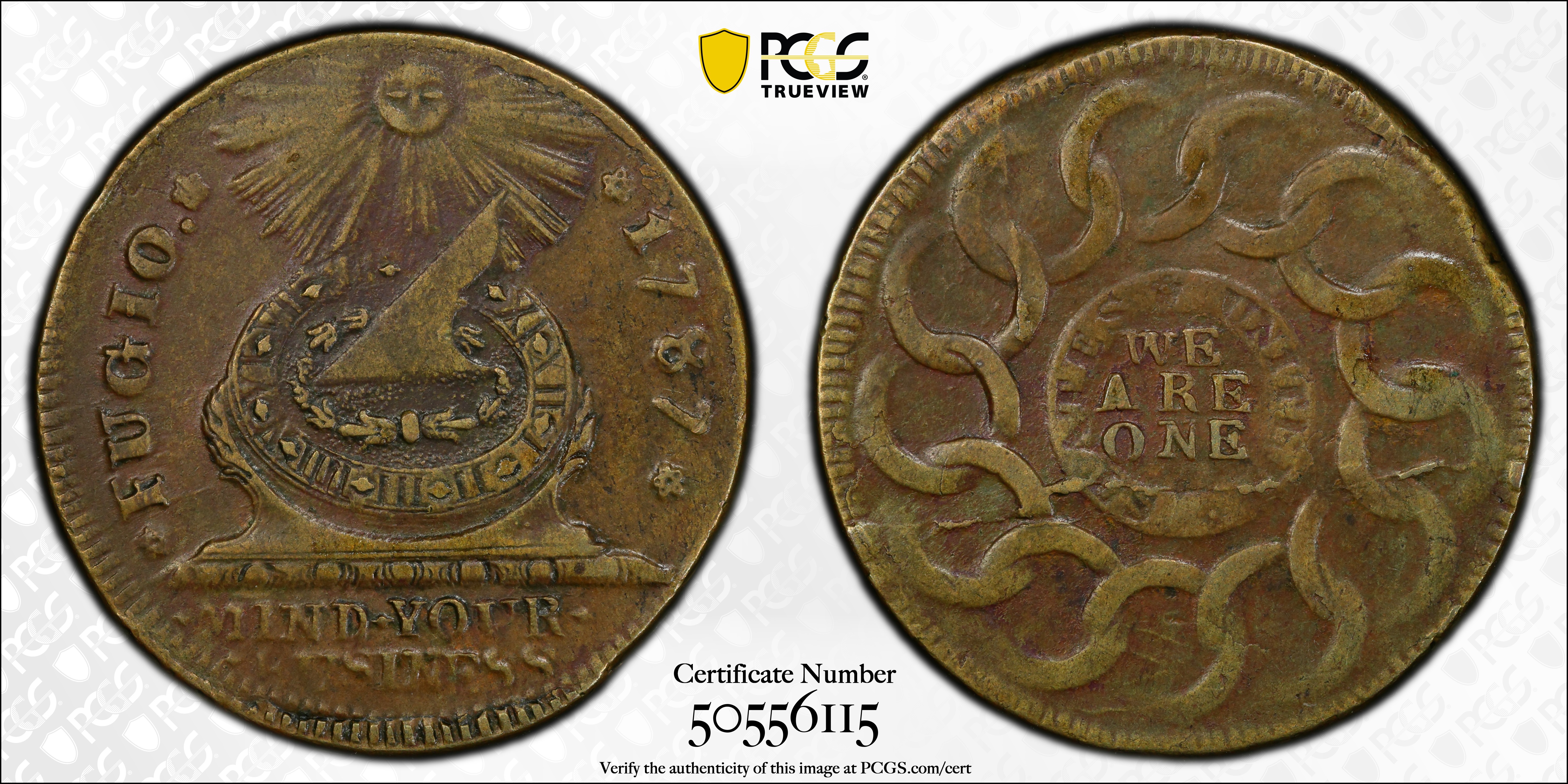 image for: 1787 Fugio Cent. Pointed Rays. Newman 9-P, W-6755. Rarity-3. STATES UNITED, 4 Cinquefoils. EF-45 (PCGS).