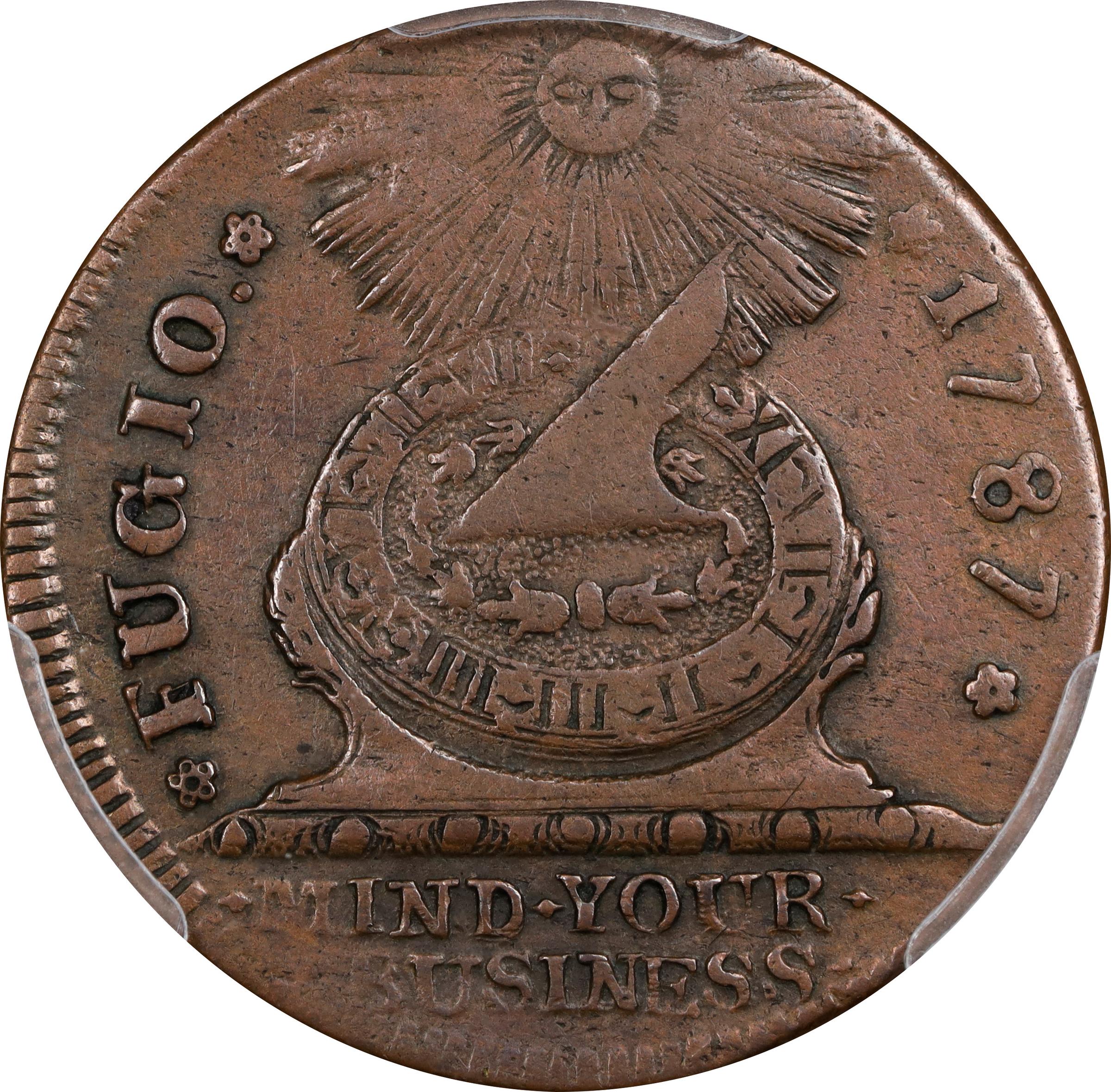 image for: 1787 Fugio Cent. Pointed Rays. Newman 9-Q, W-6760. Rarity-5-. STATES UNITED, 4 Cinquefoils. EF-40 (PCGS).