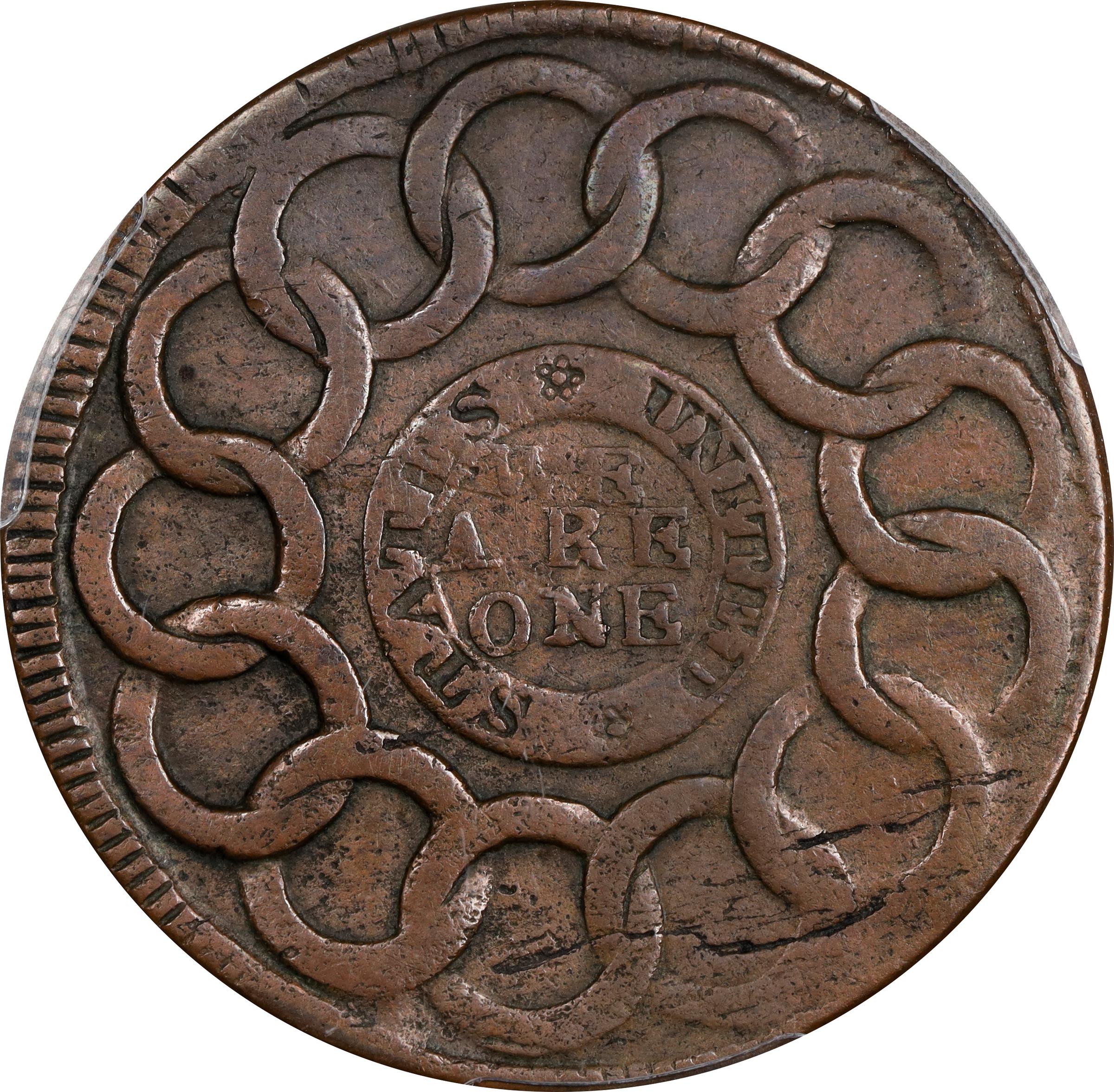 image for: 1787 Fugio Cent. Pointed Rays. Newman 9-Q, W-6760. Rarity-5-. STATES UNITED, 4 Cinquefoils. EF-40 (PCGS).