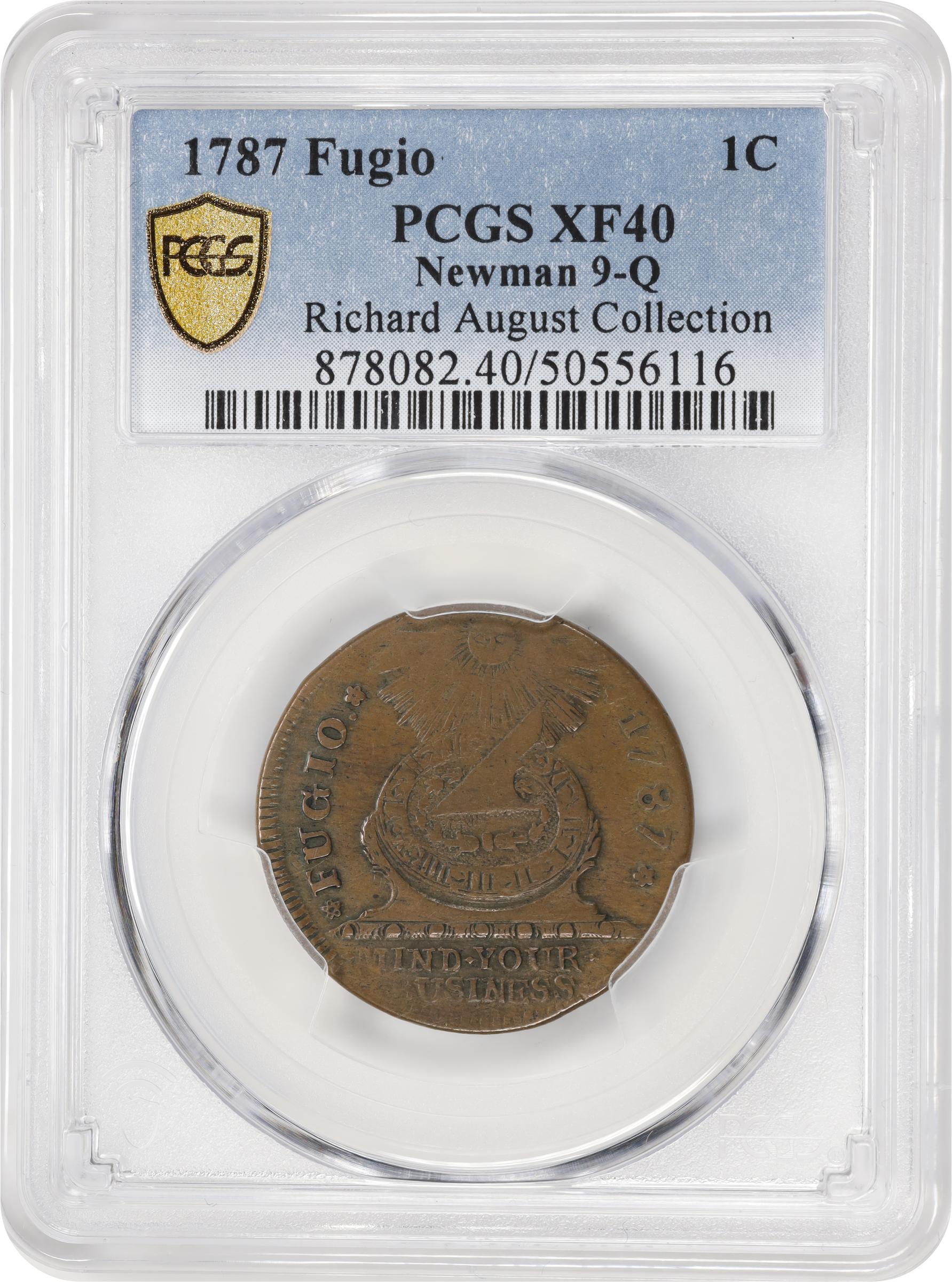 image for: 1787 Fugio Cent. Pointed Rays. Newman 9-Q, W-6760. Rarity-5-. STATES UNITED, 4 Cinquefoils. EF-40 (PCGS).