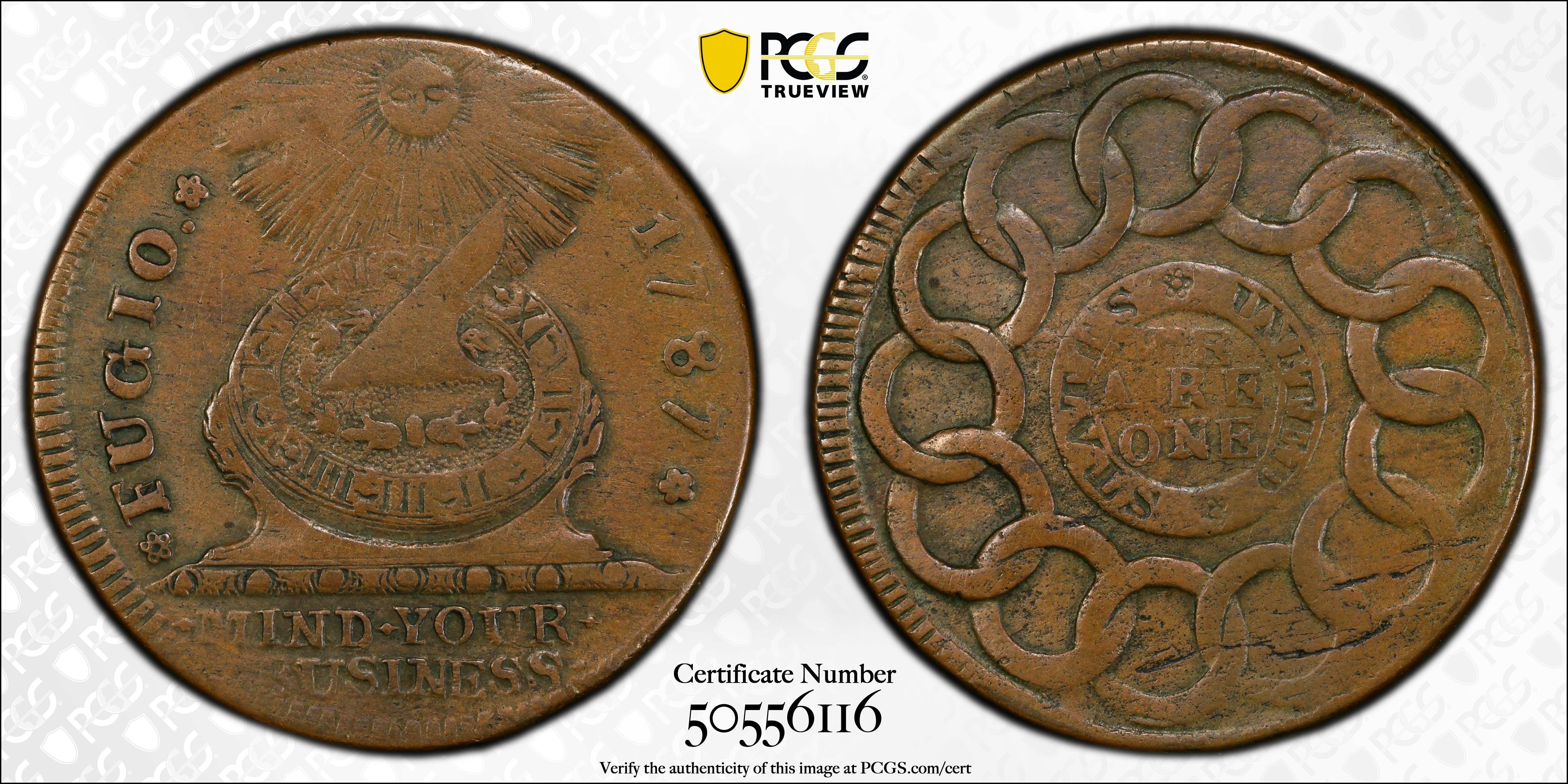 image for: 1787 Fugio Cent. Pointed Rays. Newman 9-Q, W-6760. Rarity-5-. STATES UNITED, 4 Cinquefoils. EF-40 (PCGS).