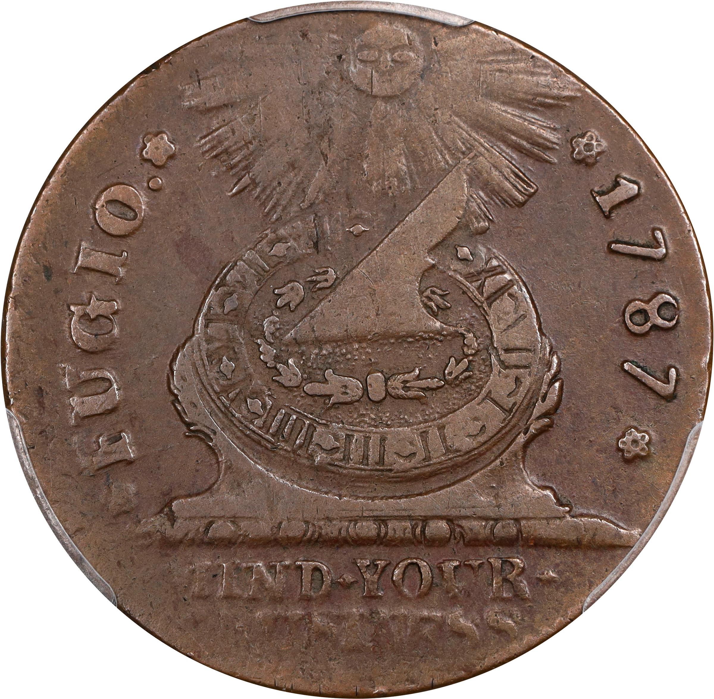 image for: 1787 Fugio Cent. Pointed Rays. Newman 9-S, W-6765. Rarity-6. STATES UNITED, 4 Cinquefoils. EF-40 (PCGS).