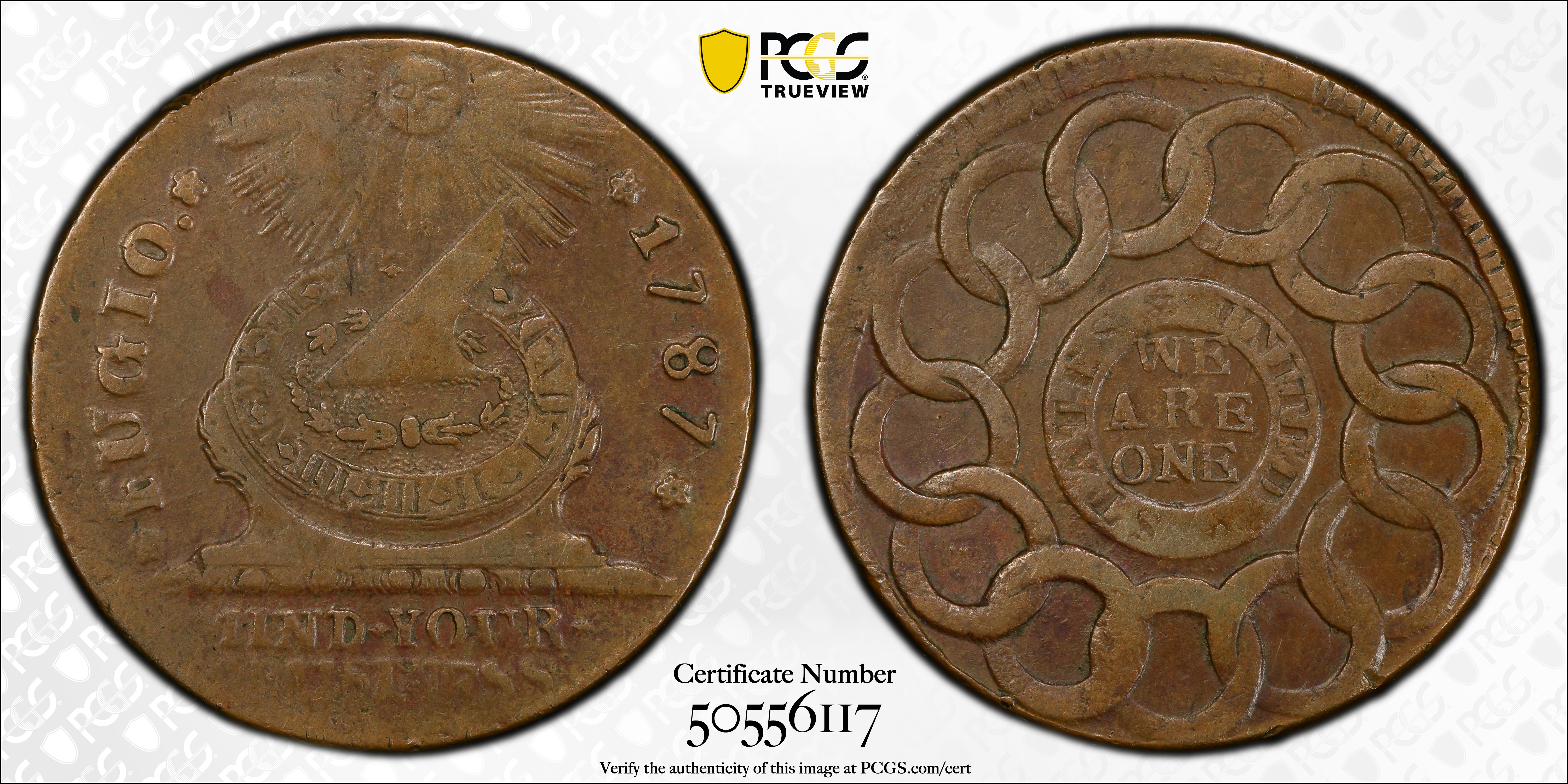 image for: 1787 Fugio Cent. Pointed Rays. Newman 9-S, W-6765. Rarity-6. STATES UNITED, 4 Cinquefoils. EF-40 (PCGS).