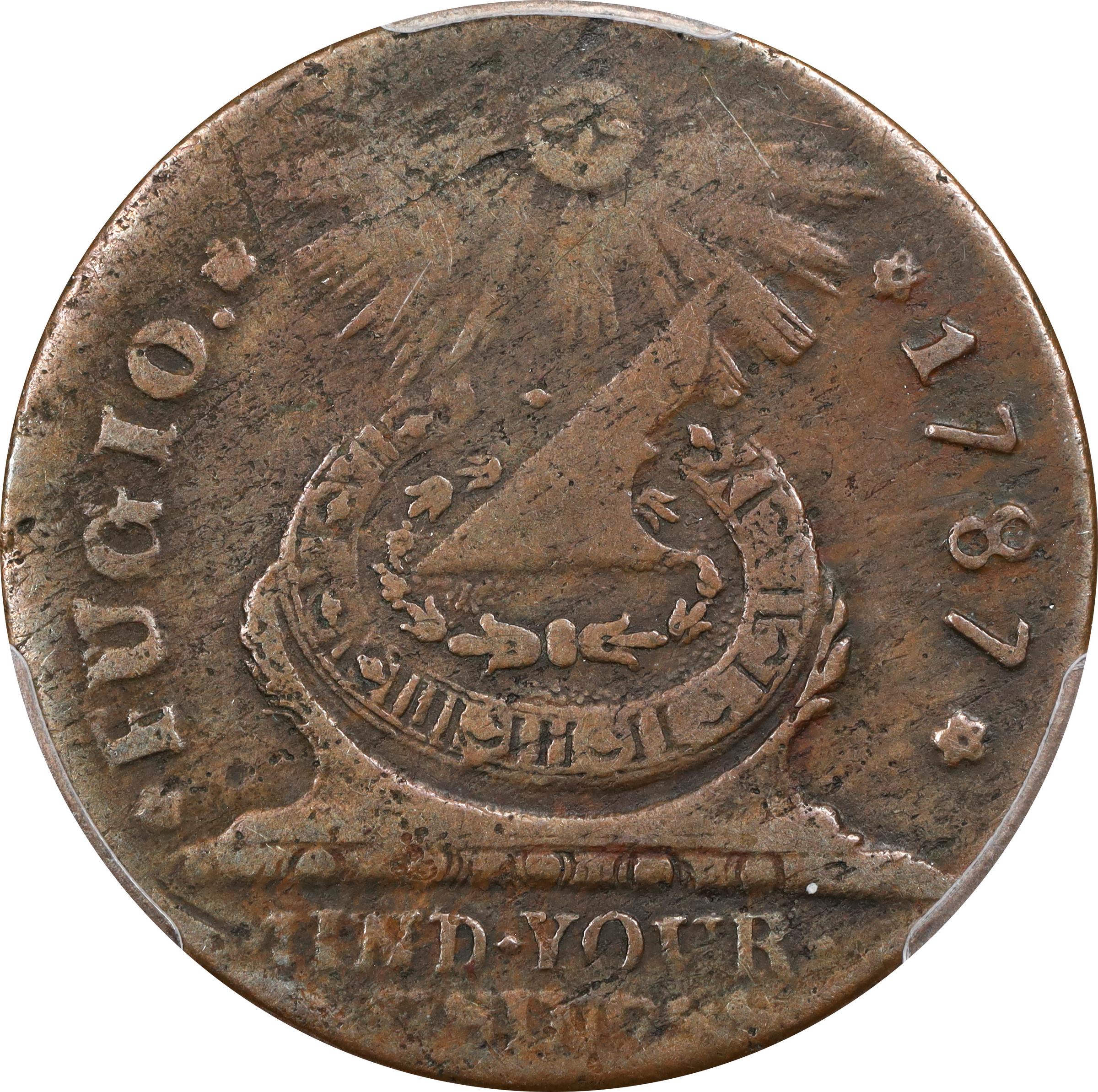 image for: 1787 Fugio Cent. Pointed Rays. Newman 9-T, W-6770. Rarity-5+. STATES UNITED, 4 Cinquefoils. VF-30 (PCGS).