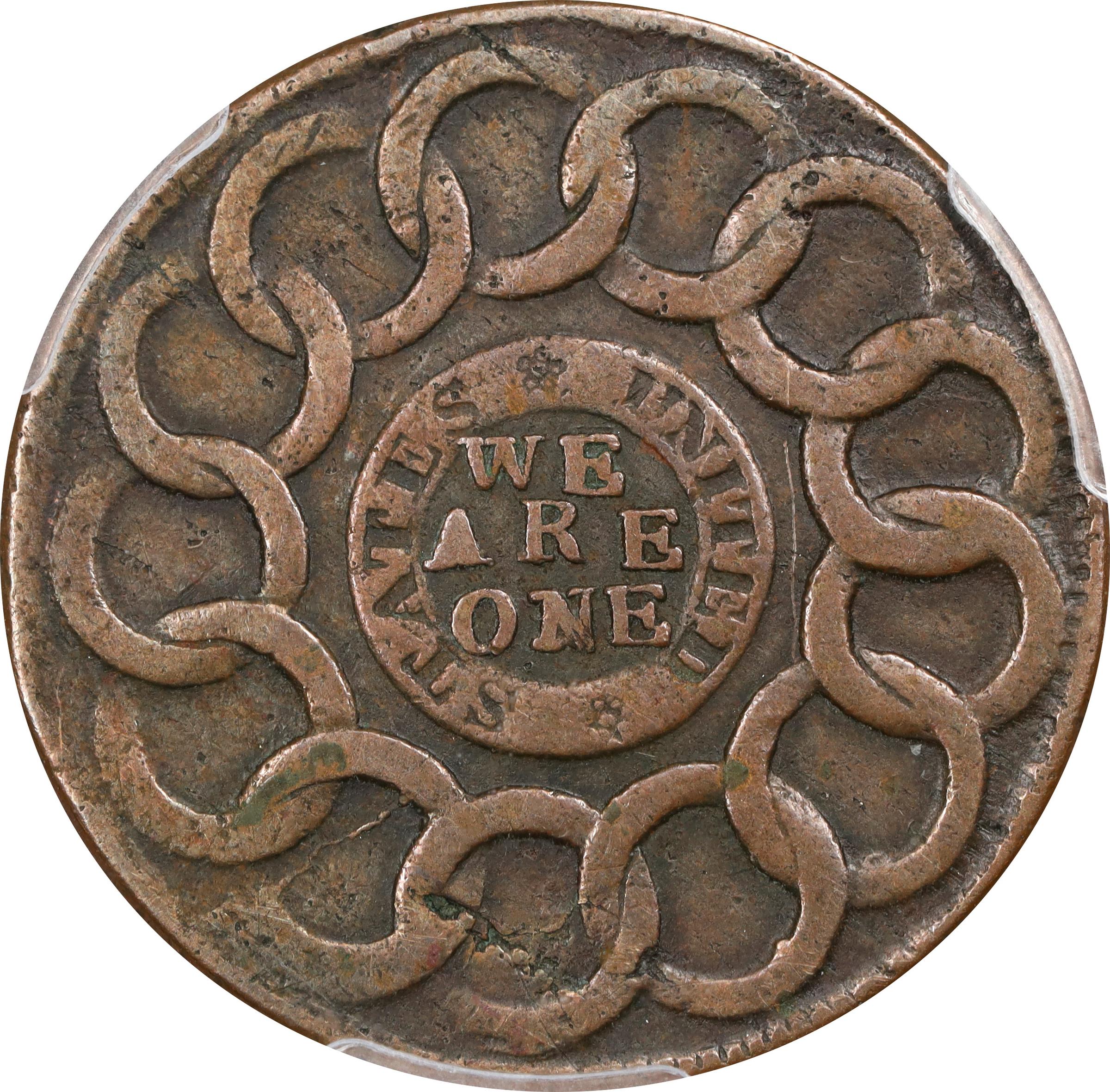 image for: 1787 Fugio Cent. Pointed Rays. Newman 9-T, W-6770. Rarity-5+. STATES UNITED, 4 Cinquefoils. VF-30 (PCGS).