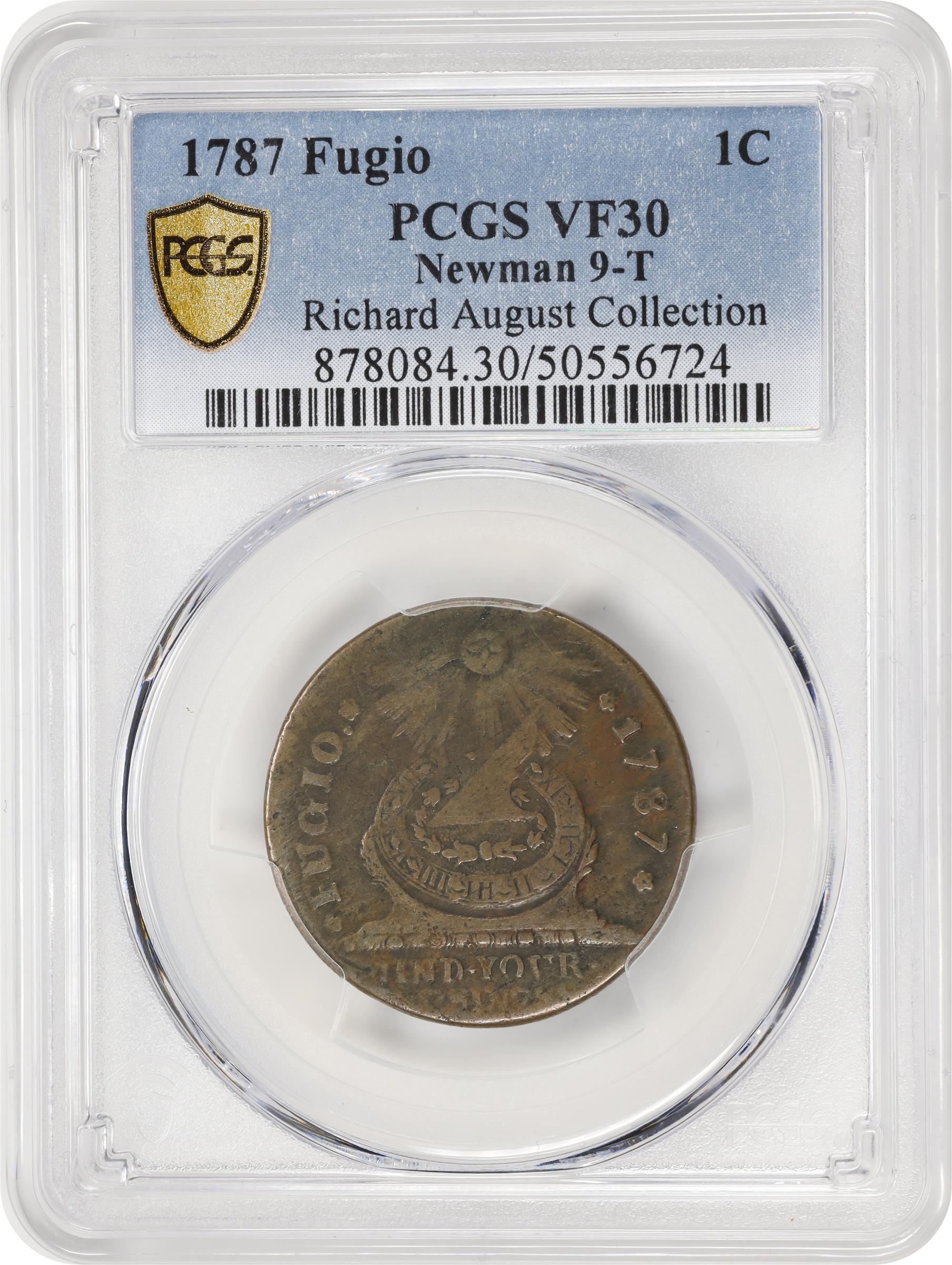 image for: 1787 Fugio Cent. Pointed Rays. Newman 9-T, W-6770. Rarity-5+. STATES UNITED, 4 Cinquefoils. VF-30 (PCGS).