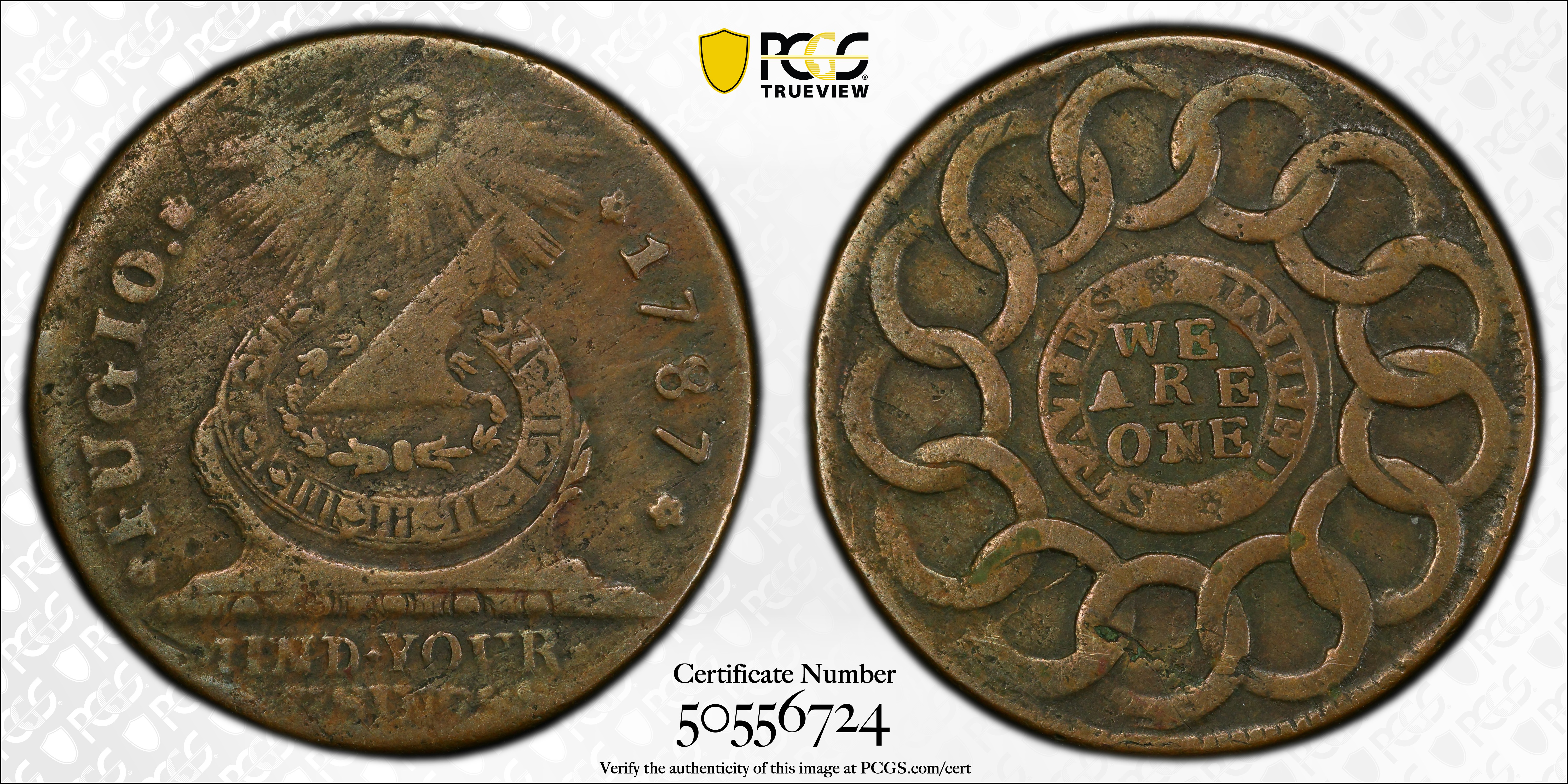 image for: 1787 Fugio Cent. Pointed Rays. Newman 9-T, W-6770. Rarity-5+. STATES UNITED, 4 Cinquefoils. VF-30 (PCGS).