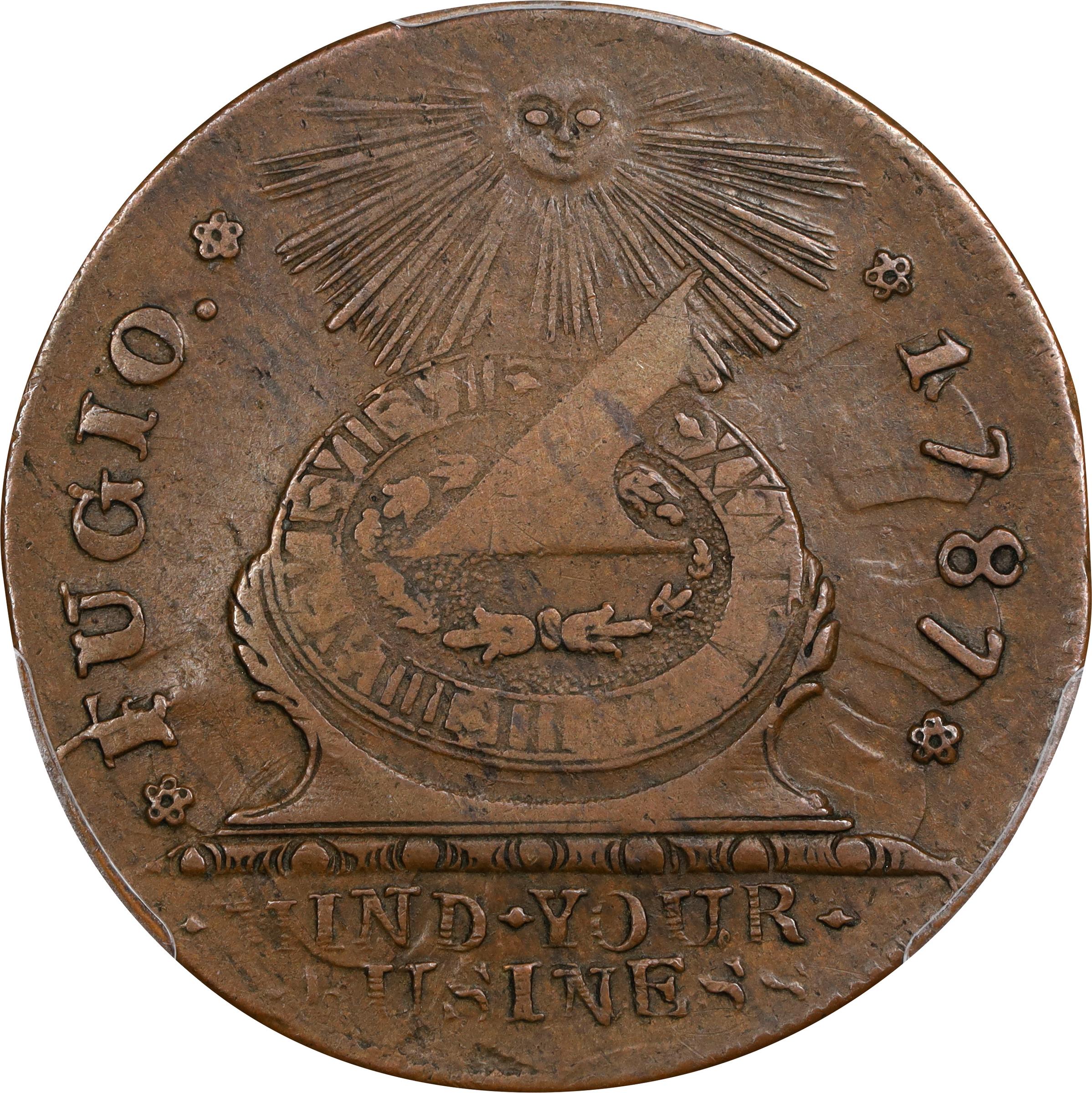 image for: 1787 Fugio Cent. Pointed Rays. Newman 10-G, W-6700. Rarity-5. UNITED STATES, 1/Horizontal 1. EF-40 (PCGS).
