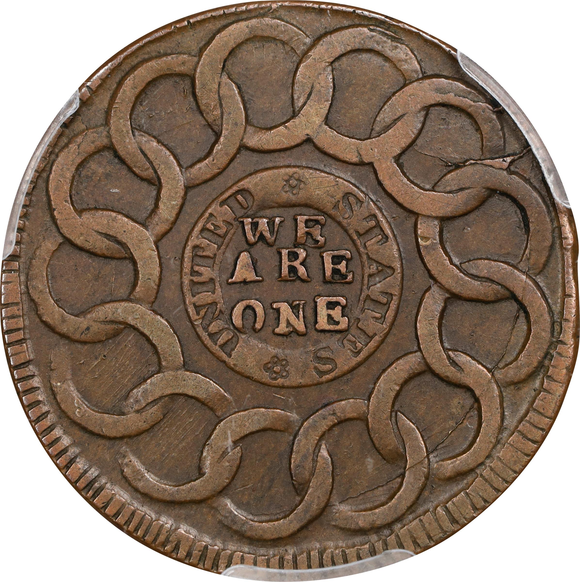 image for: 1787 Fugio Cent. Pointed Rays. Newman 10-G, W-6700. Rarity-5. UNITED STATES, 1/Horizontal 1. EF-40 (PCGS).