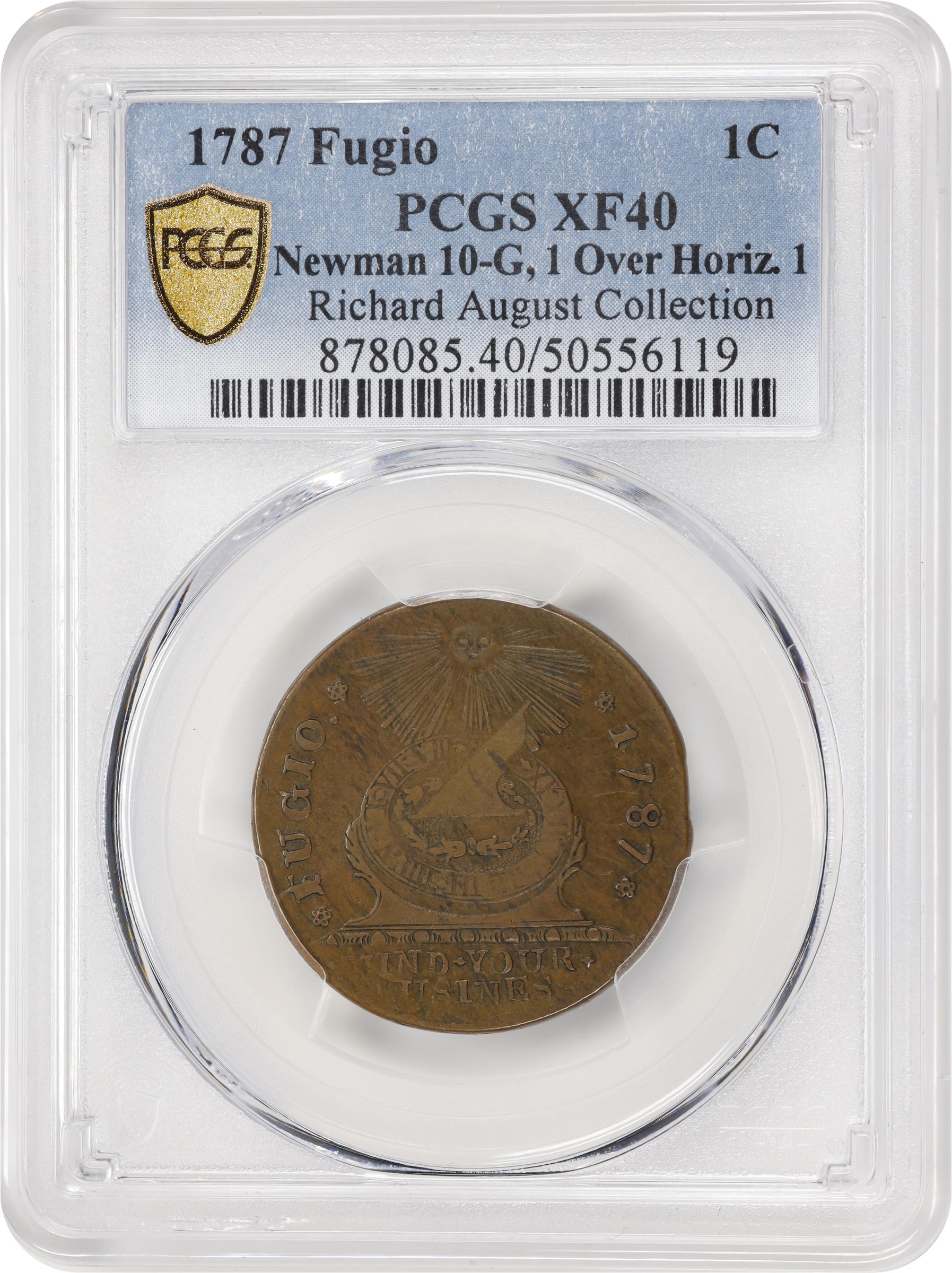 image for: 1787 Fugio Cent. Pointed Rays. Newman 10-G, W-6700. Rarity-5. UNITED STATES, 1/Horizontal 1. EF-40 (PCGS).