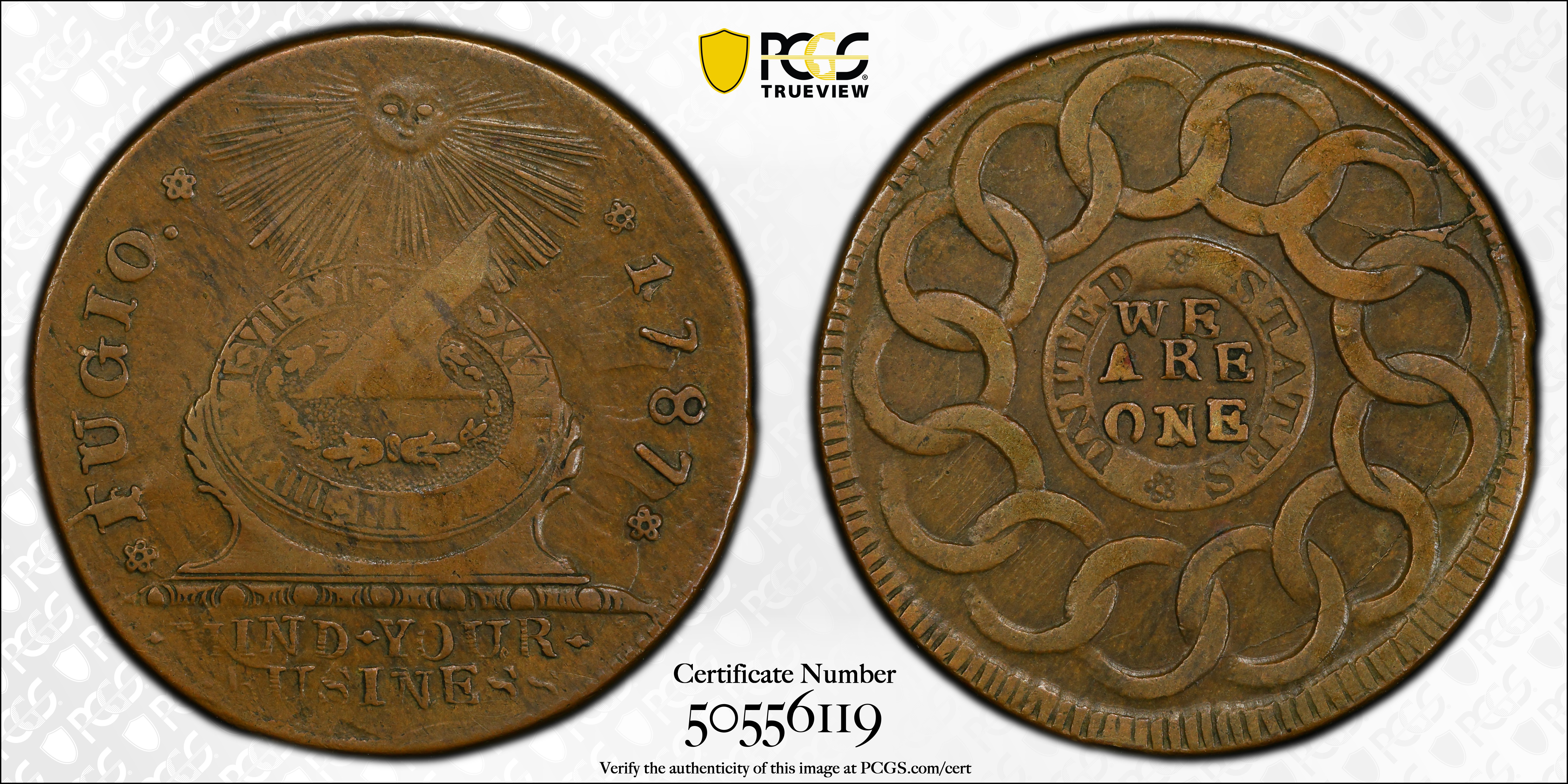 image for: 1787 Fugio Cent. Pointed Rays. Newman 10-G, W-6700. Rarity-5. UNITED STATES, 1/Horizontal 1. EF-40 (PCGS).