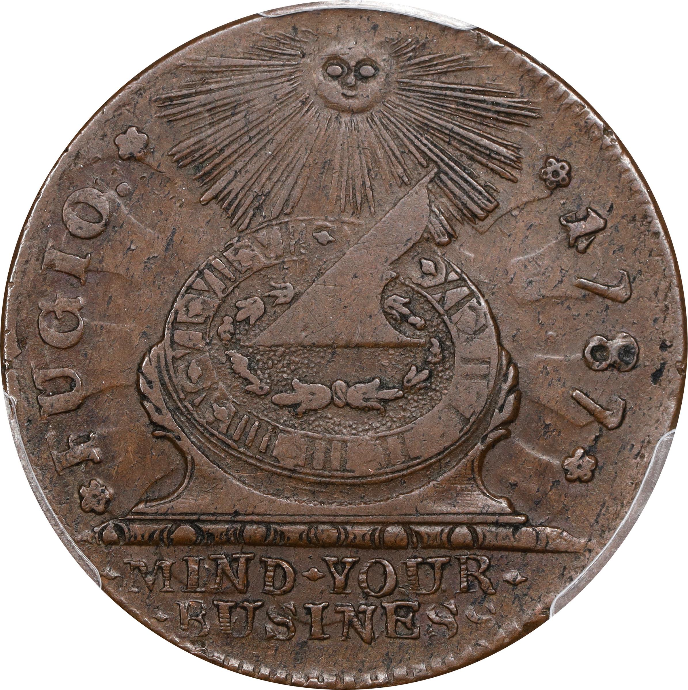 image for: 1787 Fugio Cent. Pointed Rays. Newman 10-T, W-6705. Rarity-5-. STATES UNITED, 1/Horizontal 1. AU-50 (PCGS).