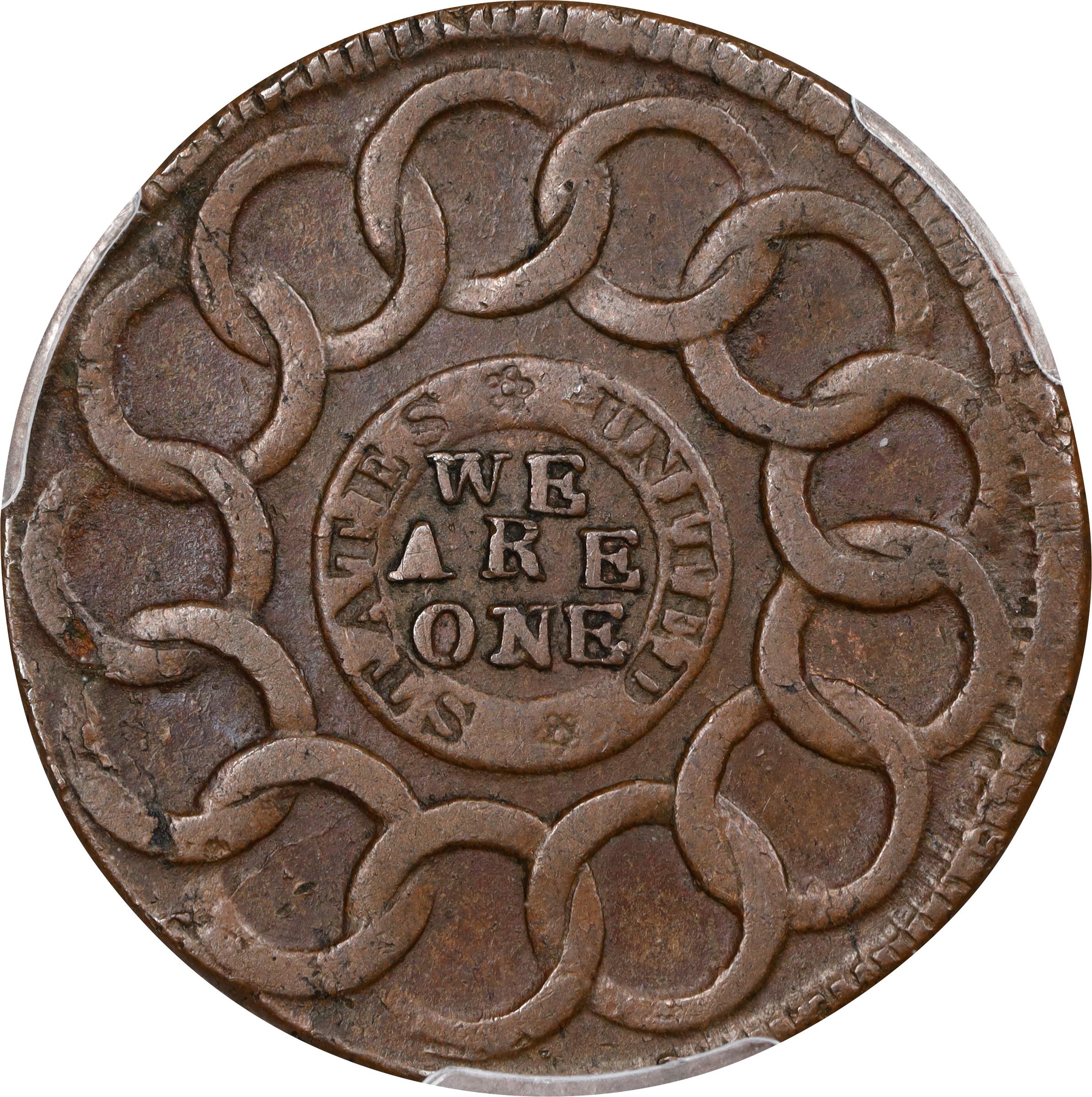 image for: 1787 Fugio Cent. Pointed Rays. Newman 10-T, W-6705. Rarity-5-. STATES UNITED, 1/Horizontal 1. AU-50 (PCGS).