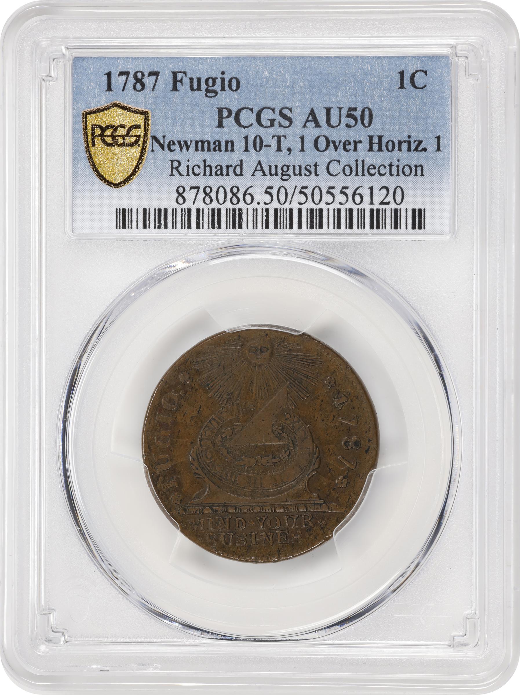 image for: 1787 Fugio Cent. Pointed Rays. Newman 10-T, W-6705. Rarity-5-. STATES UNITED, 1/Horizontal 1. AU-50 (PCGS).
