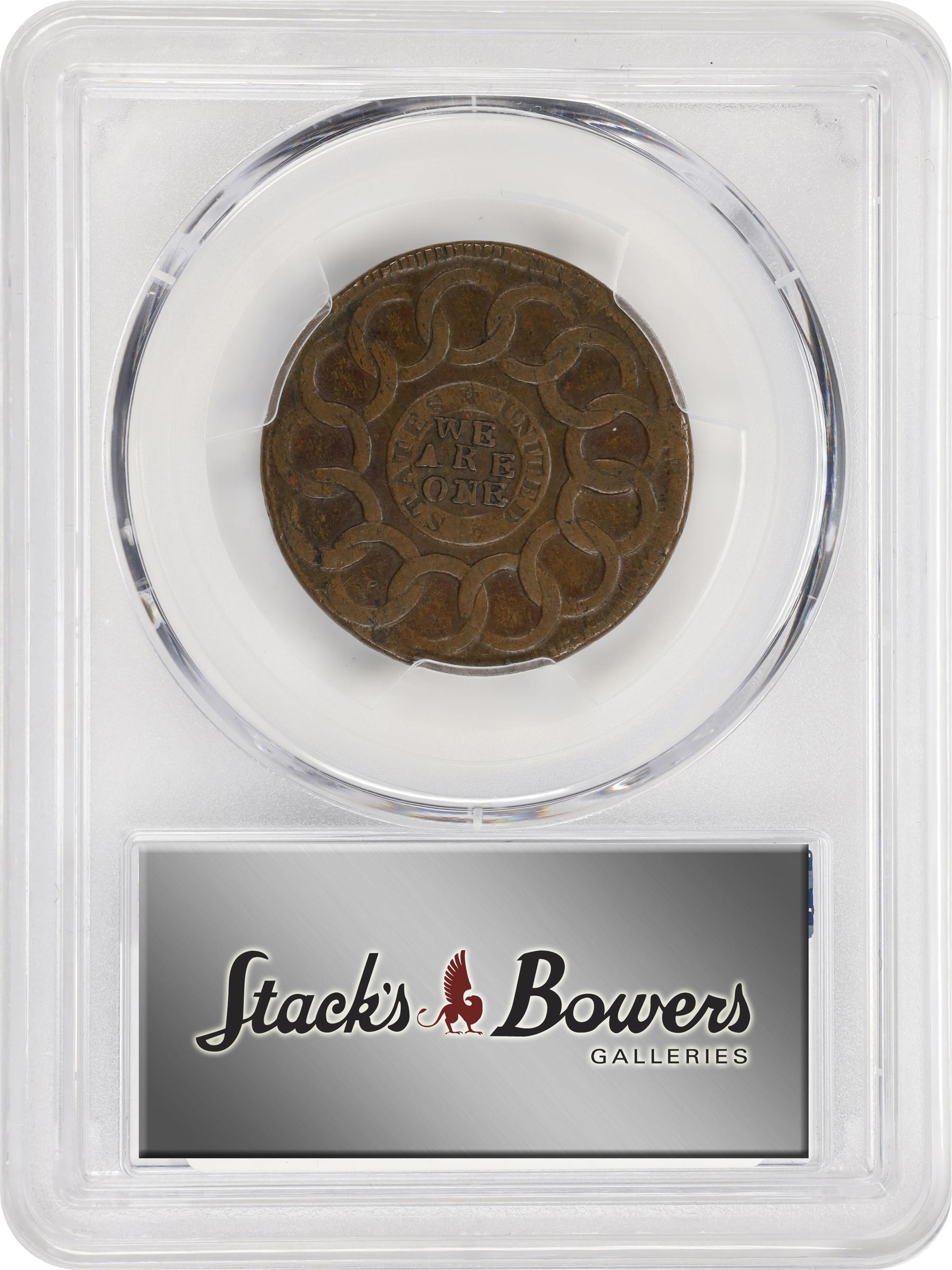 image for: 1787 Fugio Cent. Pointed Rays. Newman 10-T, W-6705. Rarity-5-. STATES UNITED, 1/Horizontal 1. AU-50 (PCGS).