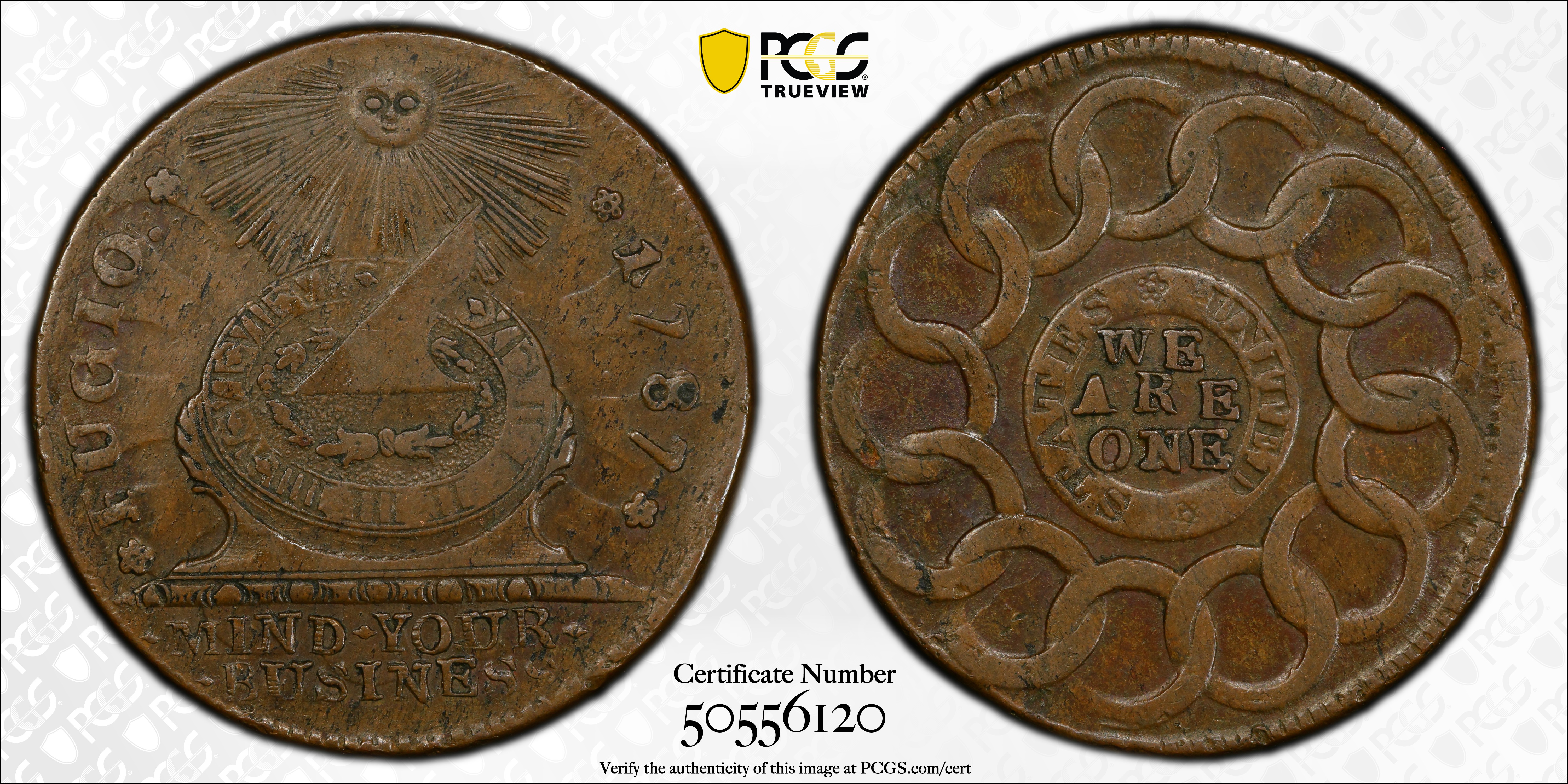 image for: 1787 Fugio Cent. Pointed Rays. Newman 10-T, W-6705. Rarity-5-. STATES UNITED, 1/Horizontal 1. AU-50 (PCGS).