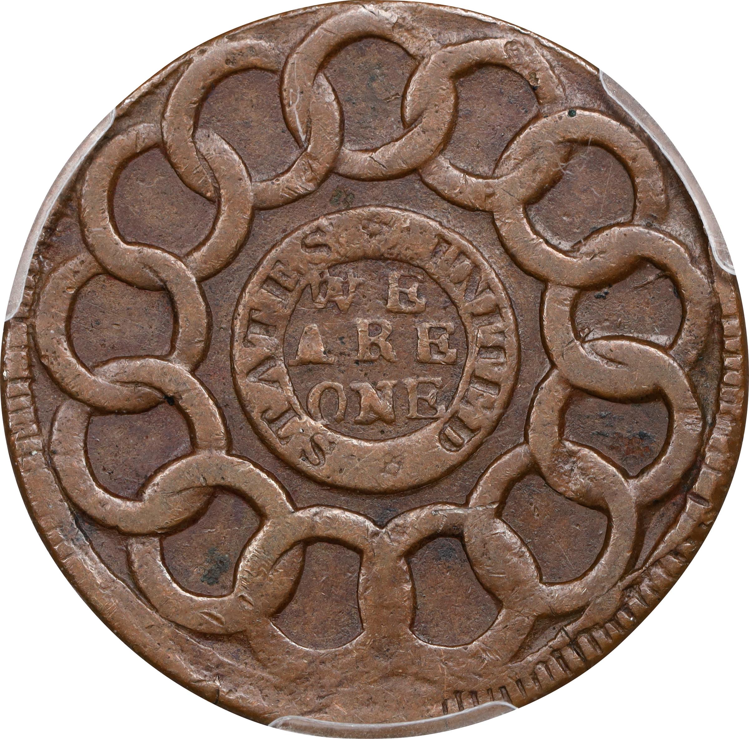 image for: 1787 Fugio Cent. Pointed Rays. Newman 10-OO, W-6710. Rarity-8+. STATES UNITED, 1/Horizontal 1. VF-30 (PCGS).