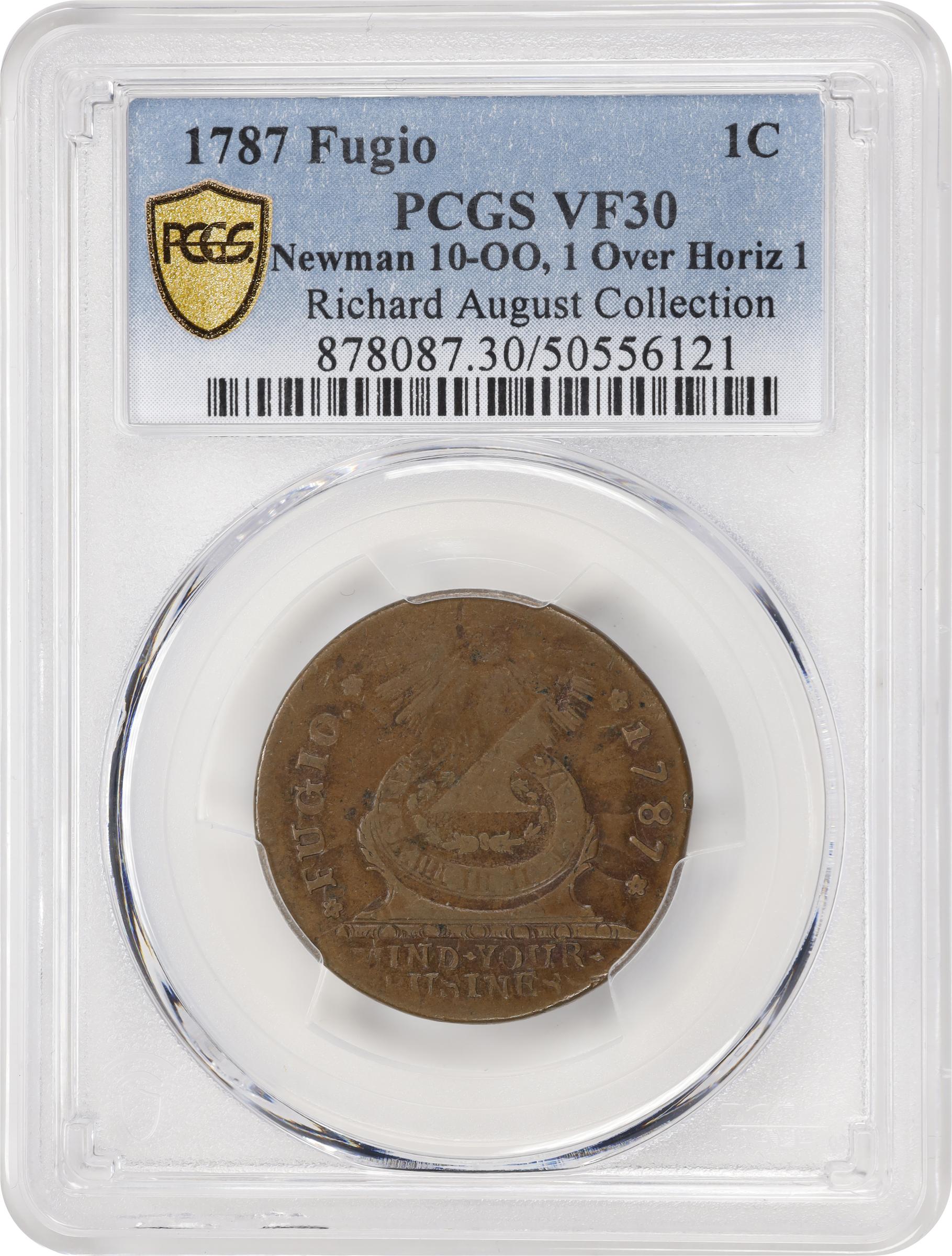 image for: 1787 Fugio Cent. Pointed Rays. Newman 10-OO, W-6710. Rarity-8+. STATES UNITED, 1/Horizontal 1. VF-30 (PCGS).