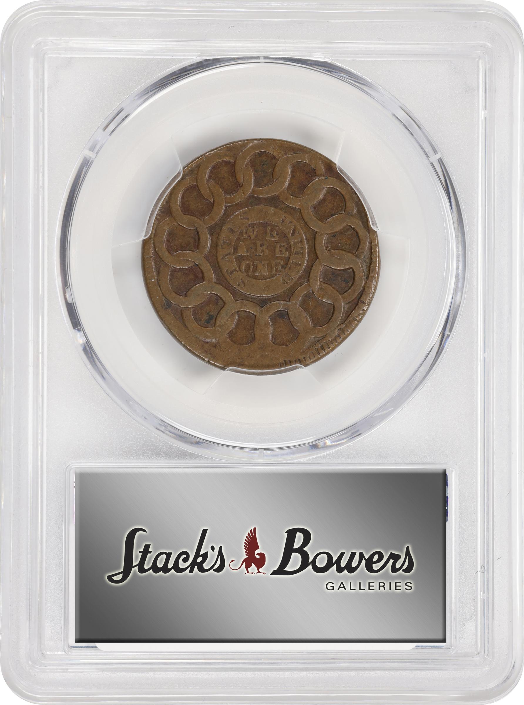 image for: 1787 Fugio Cent. Pointed Rays. Newman 10-OO, W-6710. Rarity-8+. STATES UNITED, 1/Horizontal 1. VF-30 (PCGS).