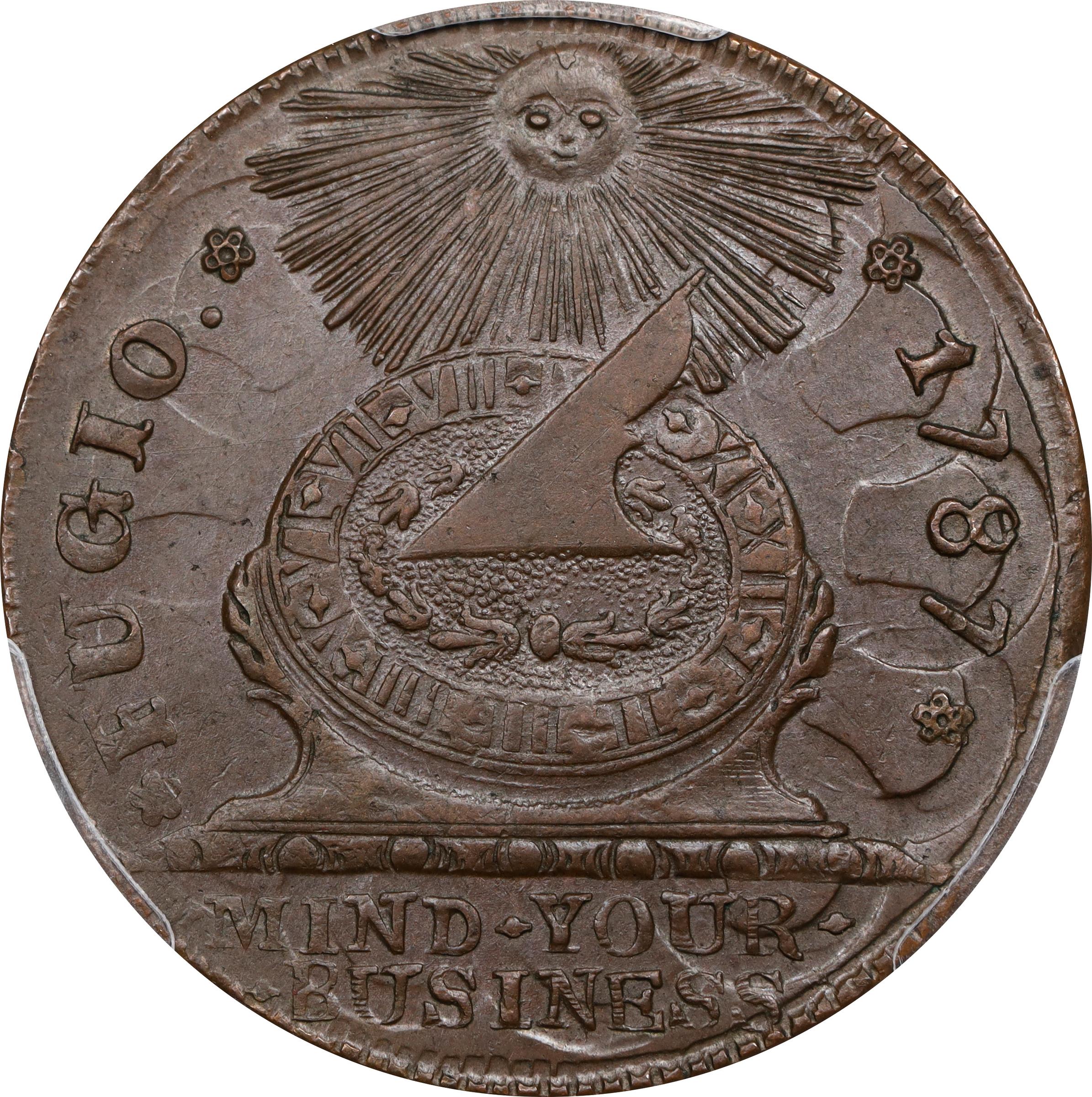 image for: 1787 Fugio Cent. Pointed Rays. Newman 11-B, W-6785. Rarity-4. UNITED STATES, 4 Cinquefoils. MS-62 BN (PCGS).